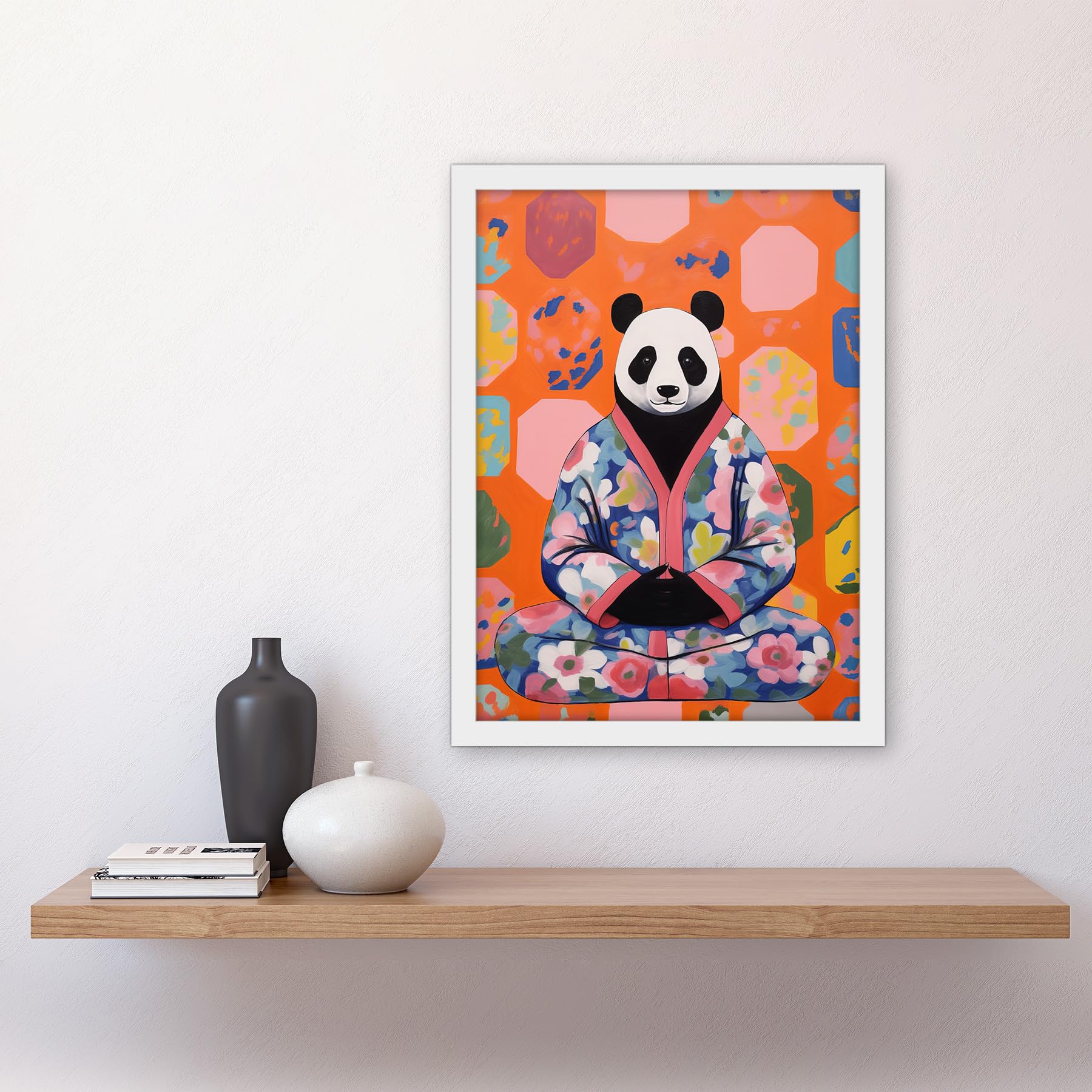 Artery8 Meditating Panda Meditation Yogi in Floral Kimono Conceptual Art Vibrant Bold Colourful Acrylic Painting Artwork Framed A3 Wall Art Print - Image 2