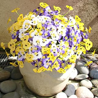 18 Bundles Artificial Outdoor Flowers – UV Resistant Fake Plants for Front Porch Decor, Faux Flowers for Outdoor Planters, Realistic Fake Flowers in Purple White Yellow for Front Door Garden Patio
