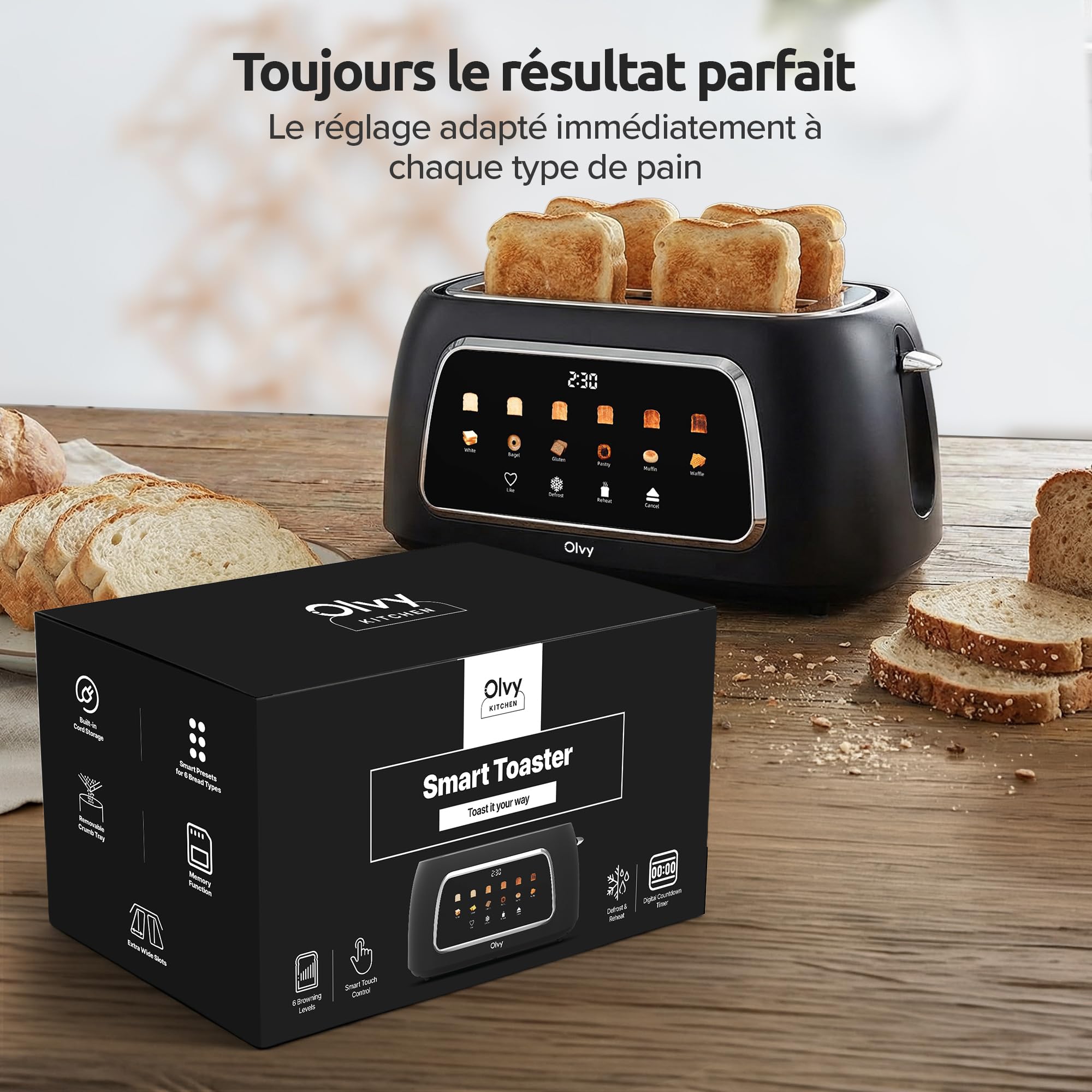 Grille-pain Olvy T-40T à fentes longues – 1500 W, écran tactile LCD avec minuterie, 6 niveaux de brunissage, fonctions décongélation et réchauffage, tiroir à miettes, 4 tranches - 4