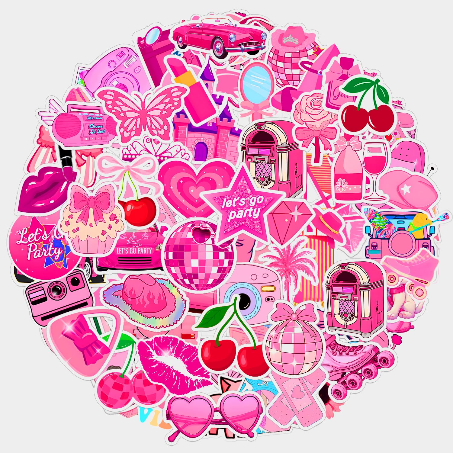 120PCS Hot Pink Princess Stickers, Princess Party Favors Pink Birthday Party Decorations Supplies Pink Bow Coquette Stickers Cute Fruit Cherries