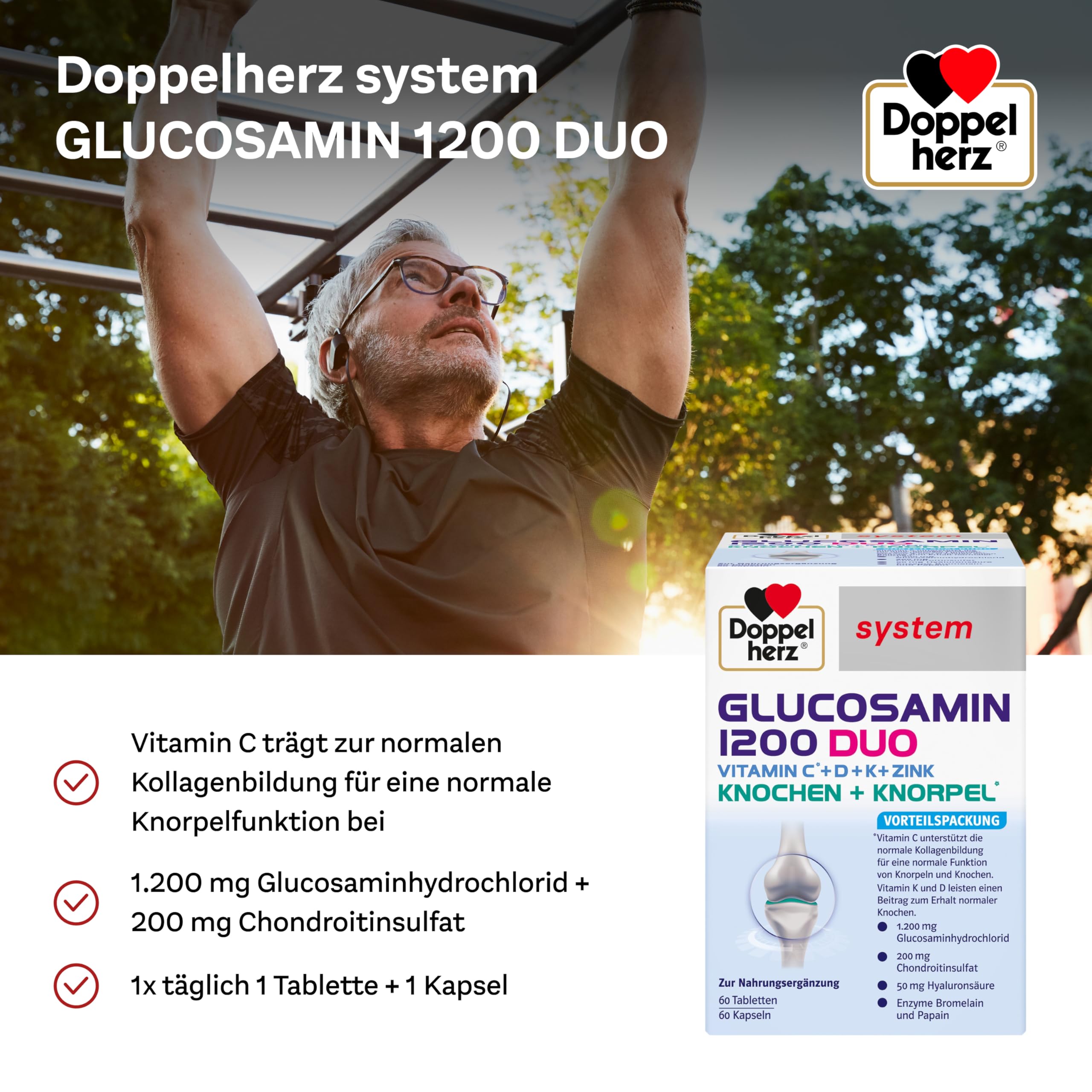 Doppelherz system GLUCOSAMIN 1200 DUO – Mit Vitamin C als Beitrag zur normalen Kollagenbildung für eine normale Knorpelfunktion – 60 Kapseln und 60 Tabletten
