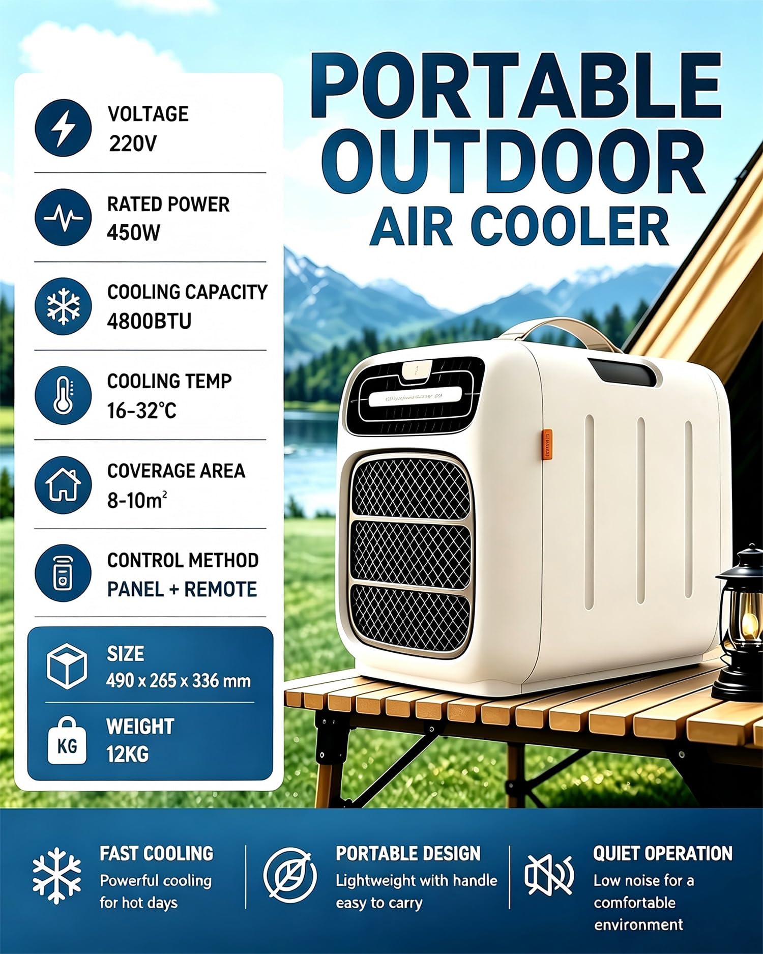 Aire Acondicionado Portátil de Doble Manguera de 4800 BTU y 220 V | 4 en 1: refrigeración, deshumidificación, ventilador y modo nocturno, para RV, camper, tienda, oficina y espacios pequeños
