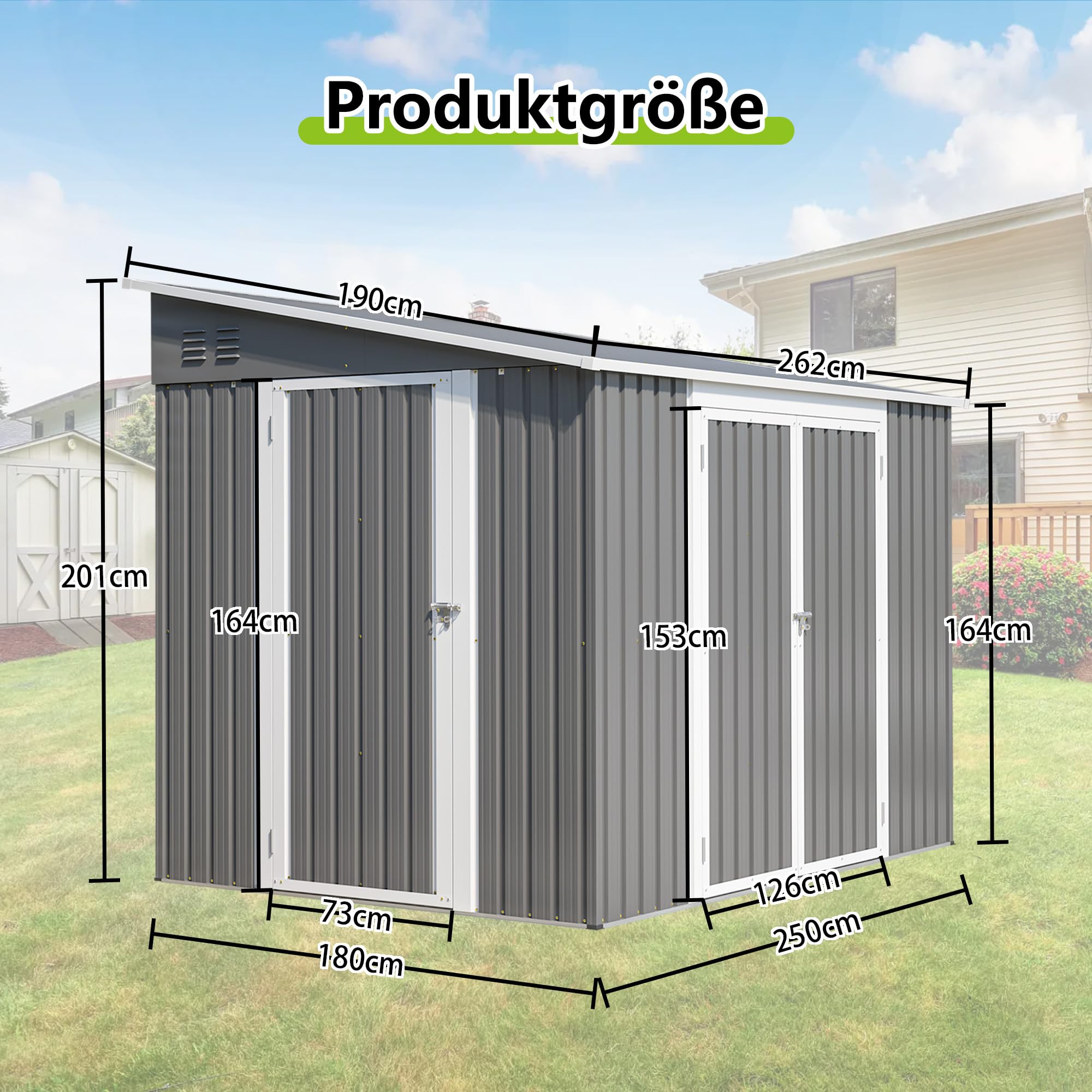 Verzinktes Gerätehaus 1,8x2,4 m – Metallschuppen mit Bodenrahmen, Schrägdach, abschließbarer Gartenschrank für Werkzeuge & Fahrräder