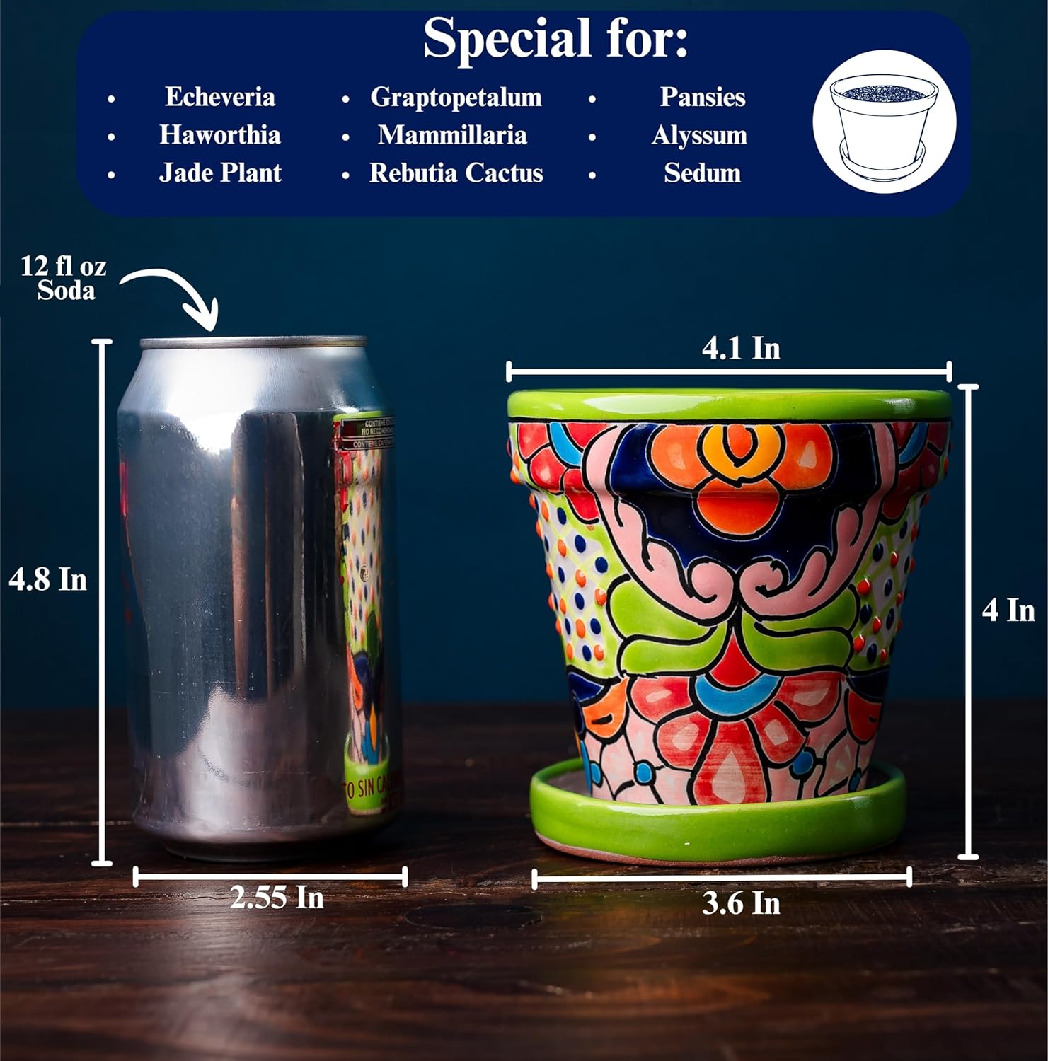 Mexican Pottery Planters - Talavera Planter - Succulent Pots - Ceramic Pots for Plants Indoor & Outdoor with Drainage Hole and Saucer - 4'' W x 4" H (Green-Small)