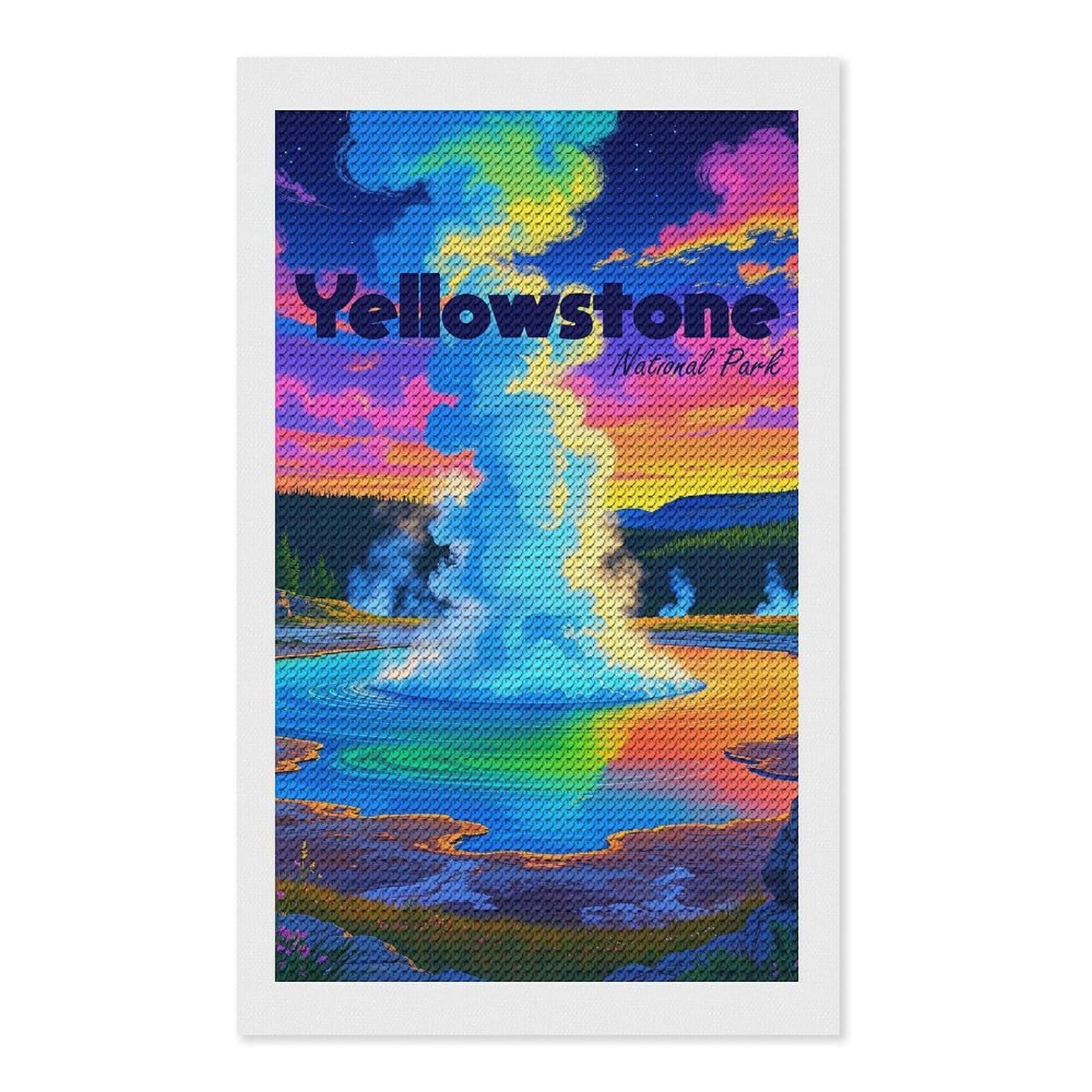 Junmoney Yellowstone National Park Colorful Landscape Diamond Painting Canvas Set 12"x20", Easy to Enjoy, Adhesive Canvas, Office Decor, Holiday Gift Idea, with Tool Kit