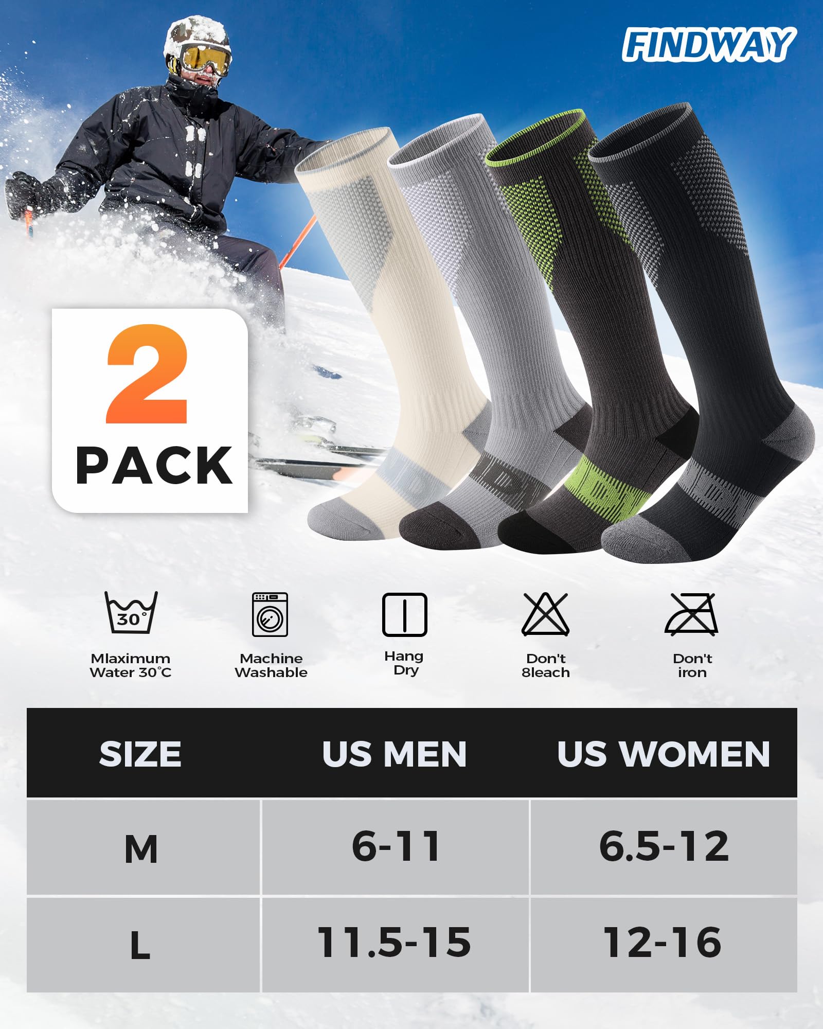 findway Lot de 2 paires de chaussettes de ski thermiques en laine mérinos pour le snowboard et l'hiver - Chaussettes chaudes pour homme et femme