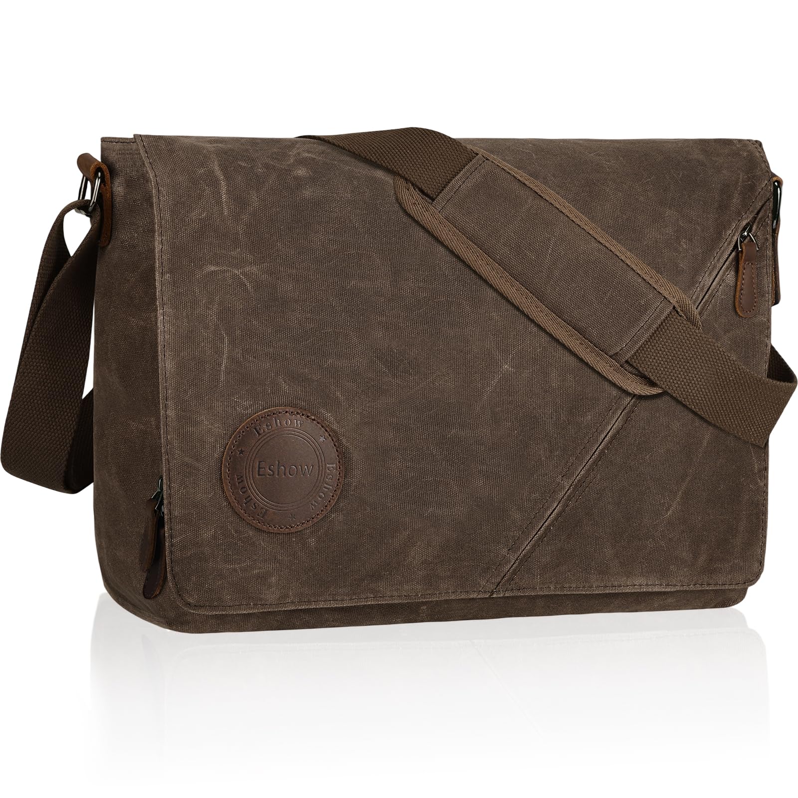 Eshow Męska torba na ramię, wodoodporna, na laptopa 13/14/15,6", torba listonoszka z prawdziwej skóry i płótna, torba robocza, torba na ramię w stylu vintage, do pracy, na uczelnię, do biura, brązowy