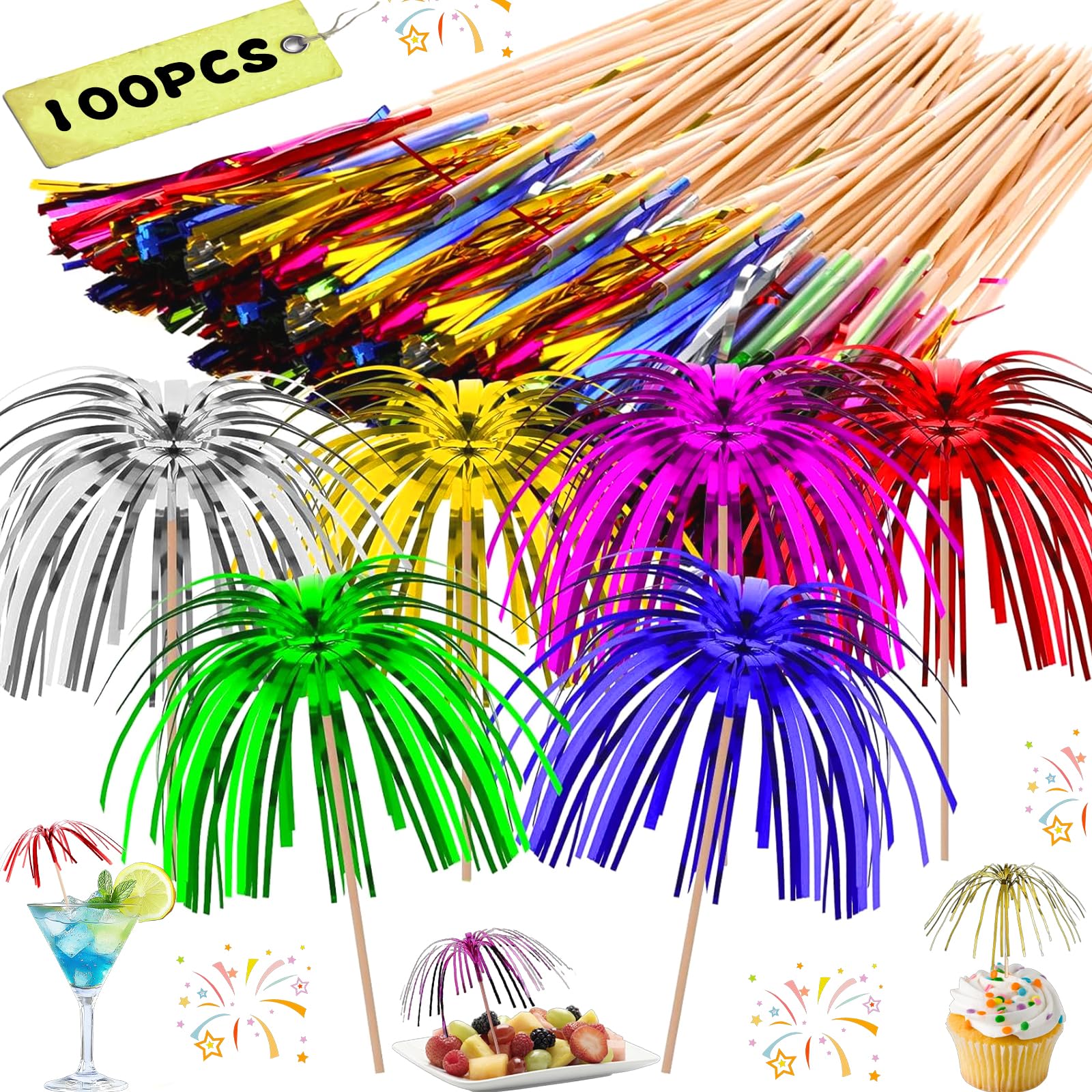 100 Stuzzicadenti Decorativi Per Cocktail A Forma Di Fuoco D'Artificio, In Bambù E Lamina Colorata (Oro, Argento, Verde, Rosa, Rosso, Blu), Lunghezza 23 Cm, Ideali Per Frutta, Dessert E Antipasti - 2