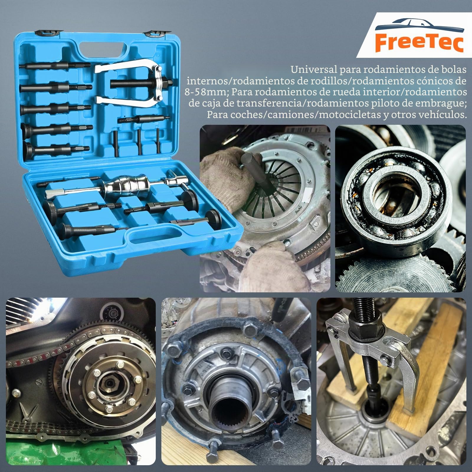 FreeTec 16 Piezas Extractor Rodamientos Internos, 8mm-58mm Extractor para Rodamientos Interior con Martillo Deslizante, Herramienta Extracción Rodamientos Internos para Coche Camión Motocicleta