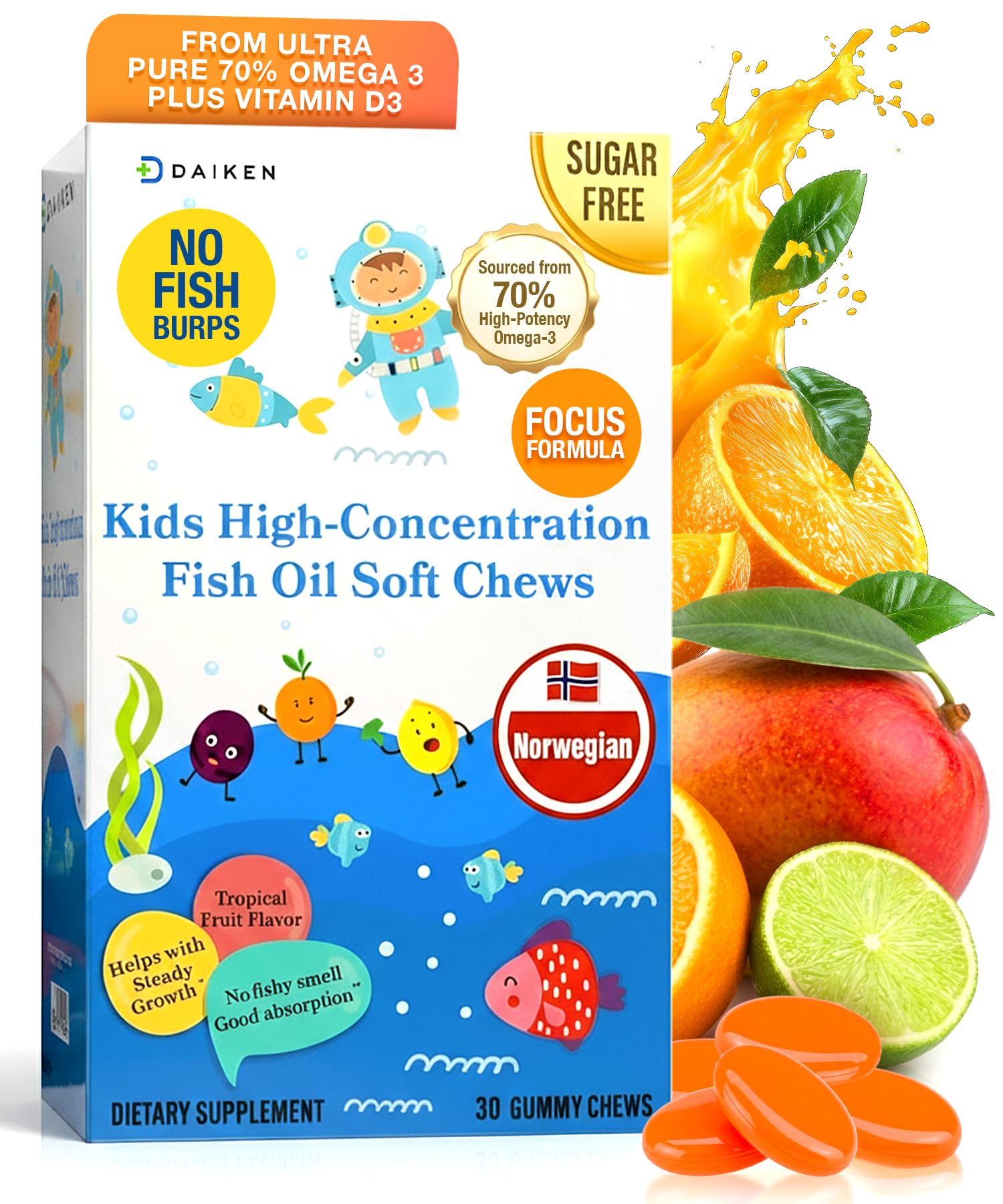 DAIKEN Kids Fish Oil Gummies-Sugar Free Omega 3 for Kids DHA/EPA & D3, 30ct 30 Count (Pack of 1)