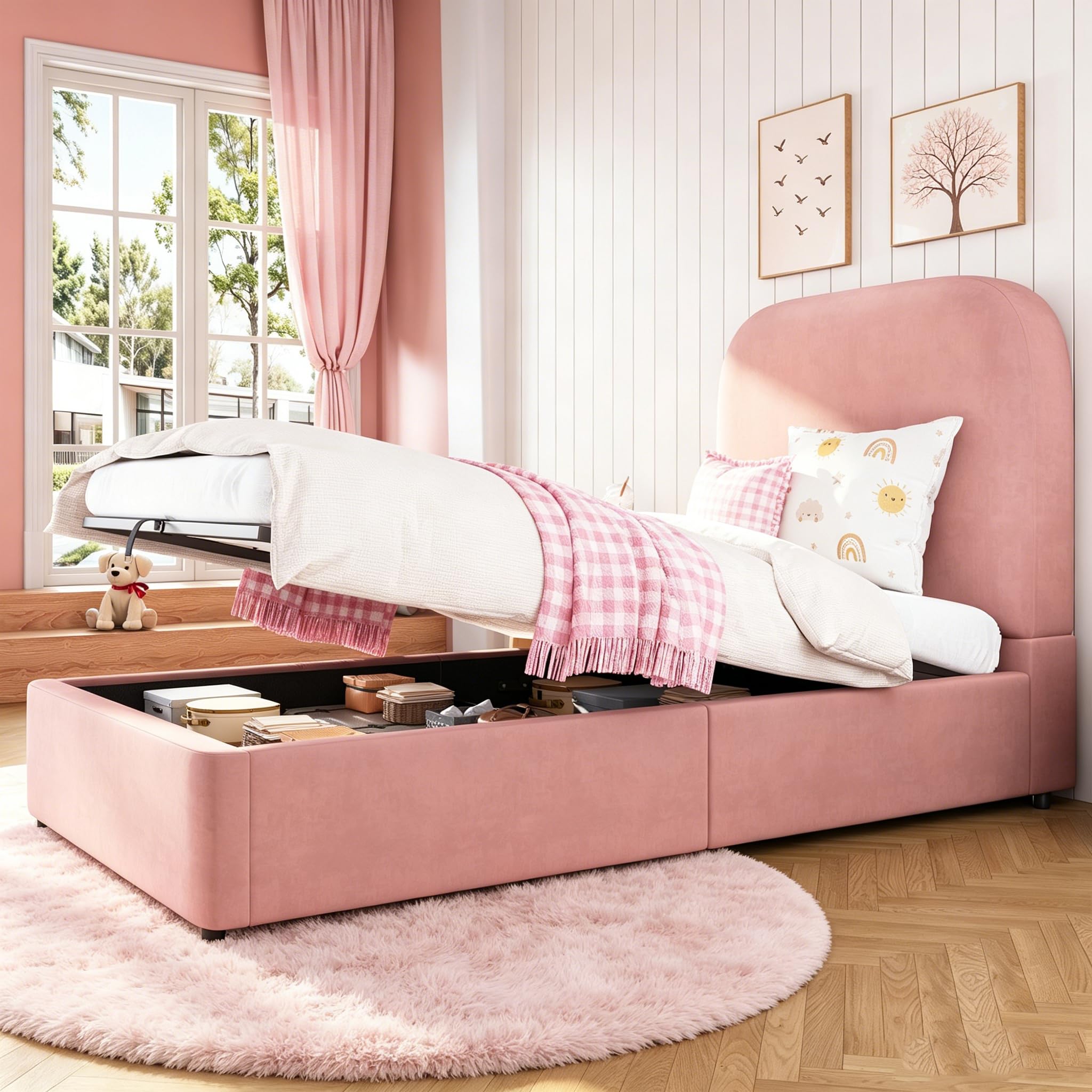 Single Bed Frame with Hydraulic Storage, 3ft Upholstered Ottoman Bed with Headboard & Solid Wood Slats, Soft Velvet Platform Lift Up Storage Bed for Small Bedrooms, 90 x 190 cm, Pink, No Mattress