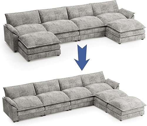 Miniatura 6 de Shahoo Sofá modular modular en forma de U de tela de felpilla con esponjas suaves y de alto apoyo y otomana extraíble, cómodo mueble tapizado para