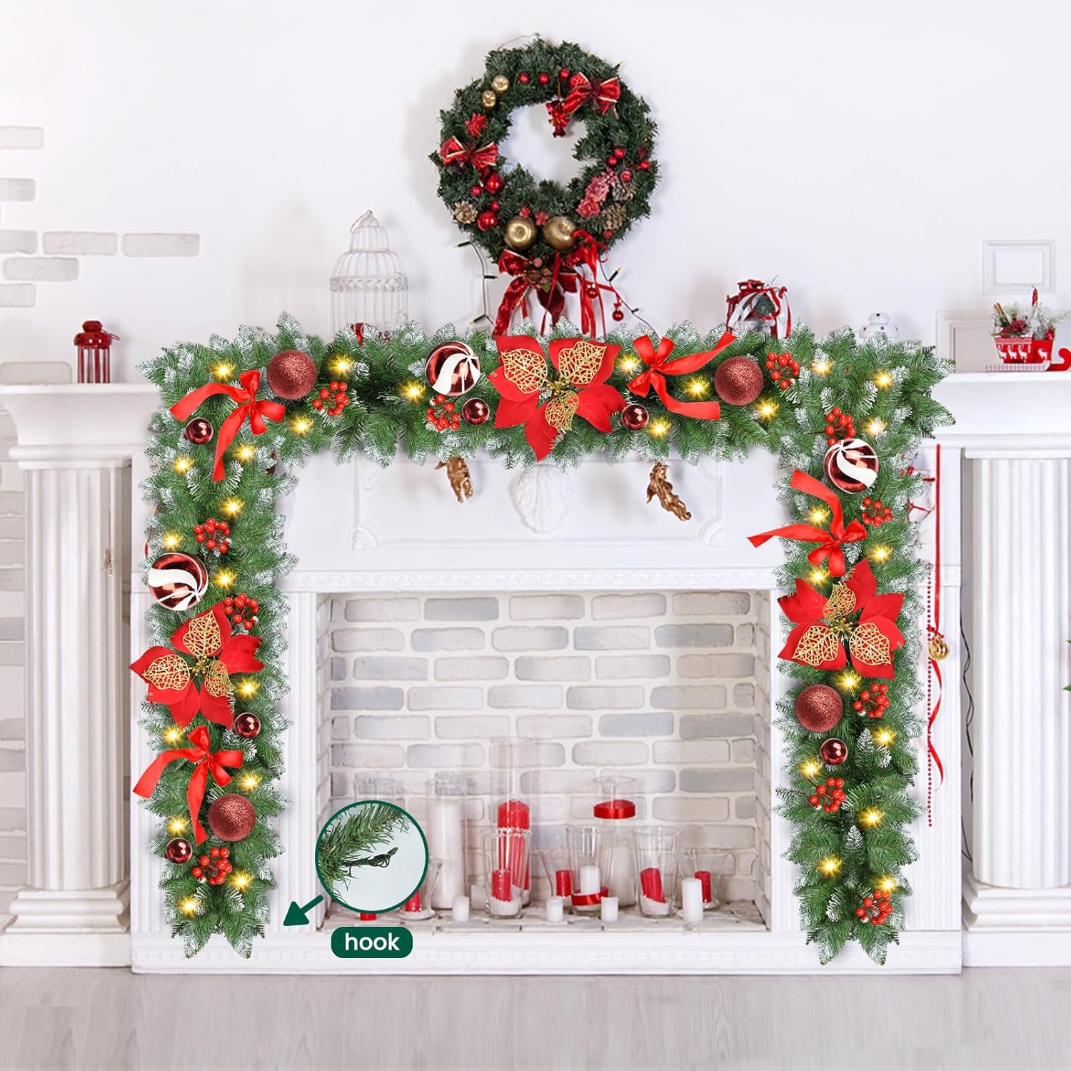 Christmas Garland with Lights, 9ft Battery Operated LED Garland with Timer, 30 Warm White LEDs, Waterproof Christmas Decorations for Indoor Outdoor Mantel, Stairs, Doorway, Window, Porch, Home - Image 7