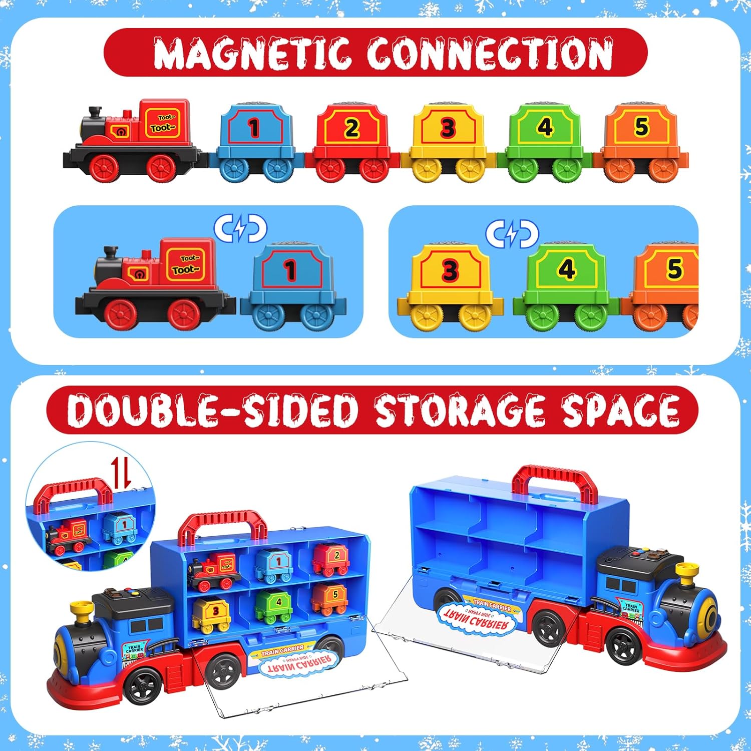 AuroTops Toys for 3 4 5 6 Year Old Boys for Kids Girl Boy Toys,2-in-1 Toddler Toy Trucks Christmas Train Set with Light & Sounds Include 1 Transport Toy Trucks,6 Magnetic Trains