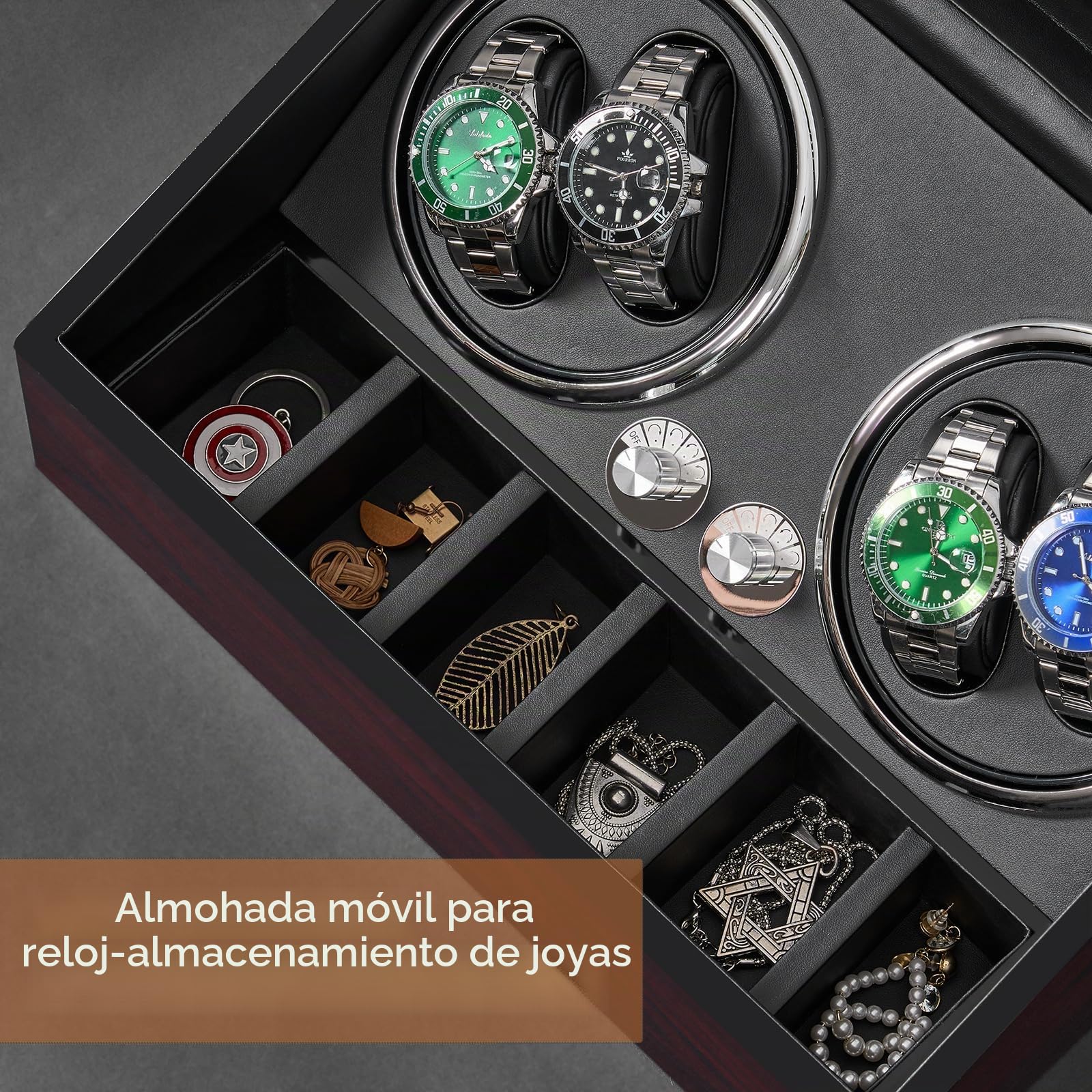 ANWBROAD Enrollador para Relojes Automáticos Caja Giratoria Automática con 4+6 Compartimentos para Relojes y Joyas Silencioso Watch Winder con LED & Motor Mabuchi & 4 Modos JWW002Y
