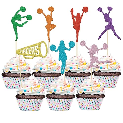 Gyufise Paquete de 28 adornos para cupcakes de animadora con purpurina colorida, palillos de dientes, gimnasta para niñas, decoración para gimnasio,
