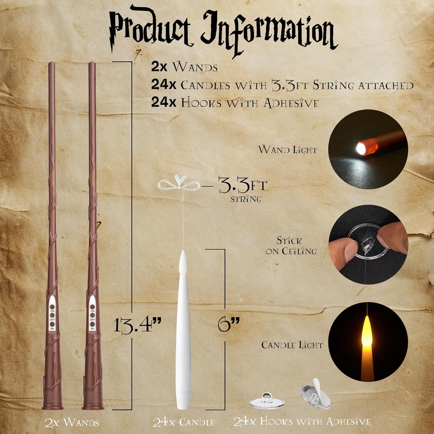 WYZworks 24pk Magical Floating LED Candle with 2 Wand Remote (6/18H Timer), 6.1" Hanging Flameless Flickering Taper Candles Battery Operated Flickering, Halloween Christmas Gift Party Decor (Ivory)