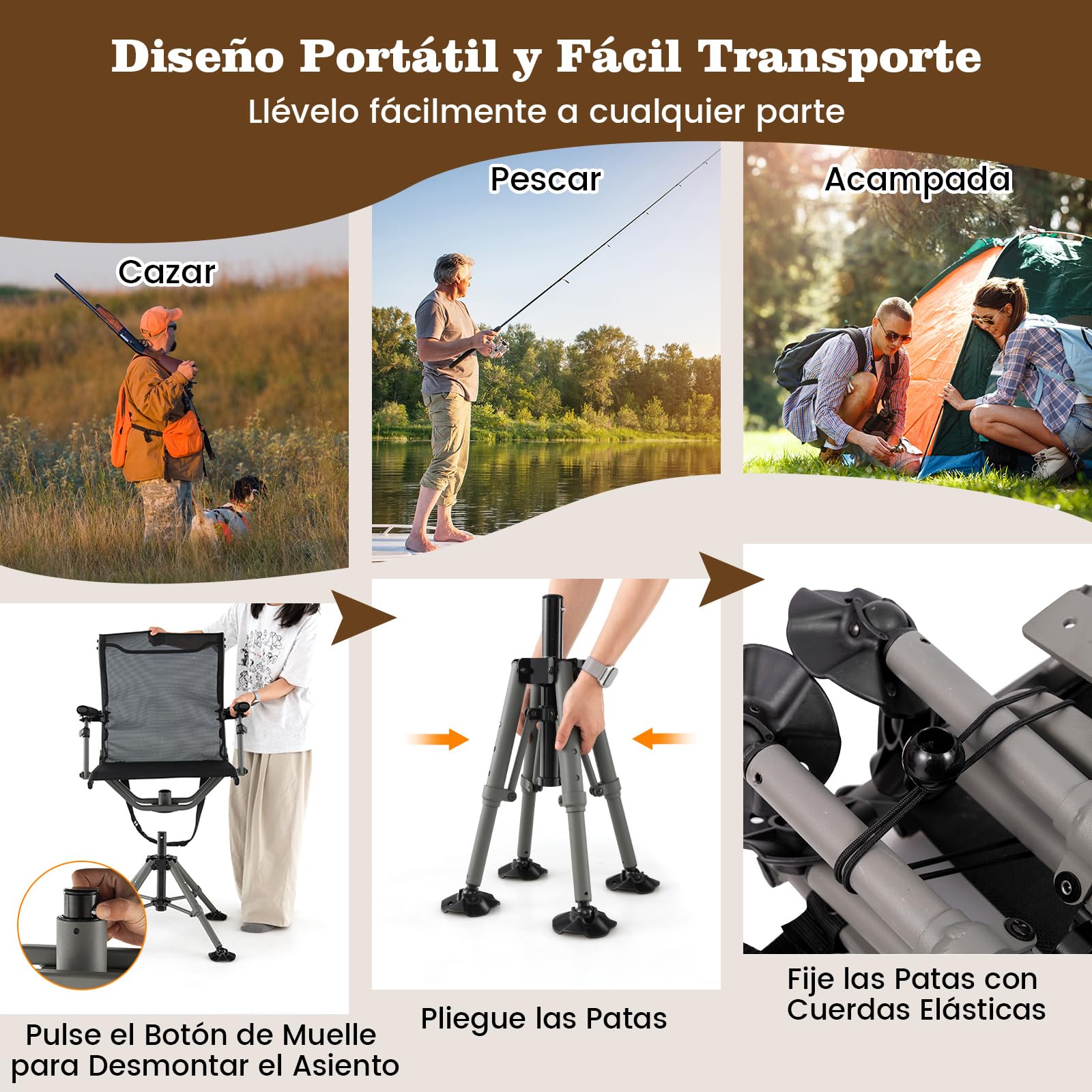 COSTWAY Silla de Caza Giratoria 360, Soporte para Arma, Patas y Reposabrazos Ajustables, Silla de Caza Plegable y Portátil con Correa para Hombro, Carga 150kg, 62 x 62 x 102 cm, Negro