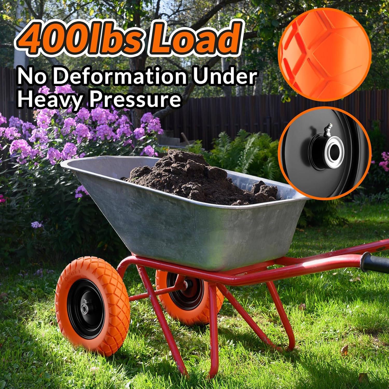 4.80/4.00-8 Flat Free Wheelbarrow Tire and Wheel, 16" Solid Puncture Proof Replacement Tires with 5/8" & 3/4" Bearings, 400Lbs Load, Universal Fit for Garden, Farm & Construction, 2Pack Orange