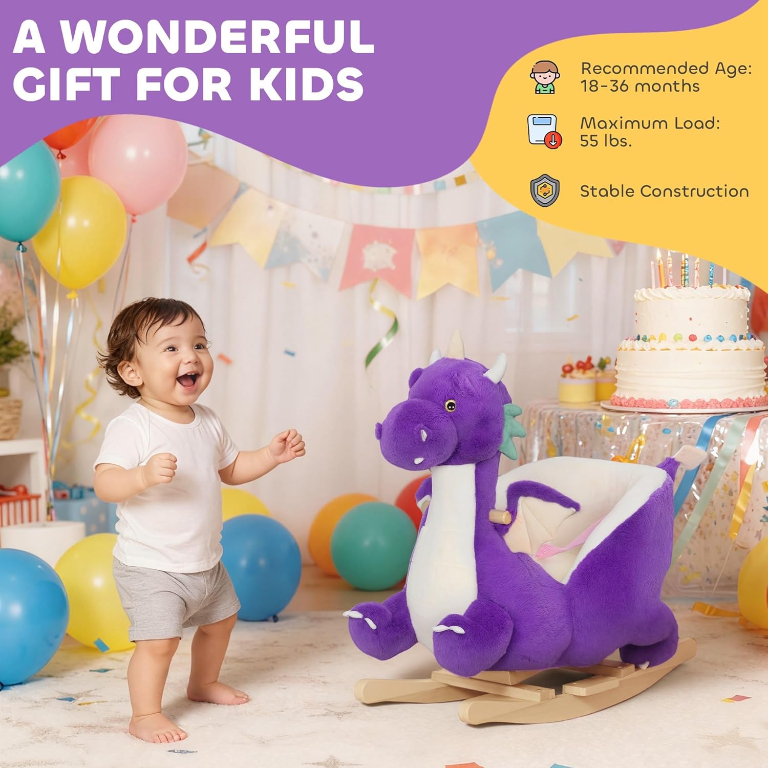 Qaba Baby Rocking Horse, Kids Ride on Dragon Toy with Realistic Dragon Roar and Safety Belt, Plush Animal Rocker for Kids 18–36 Months, Purple
