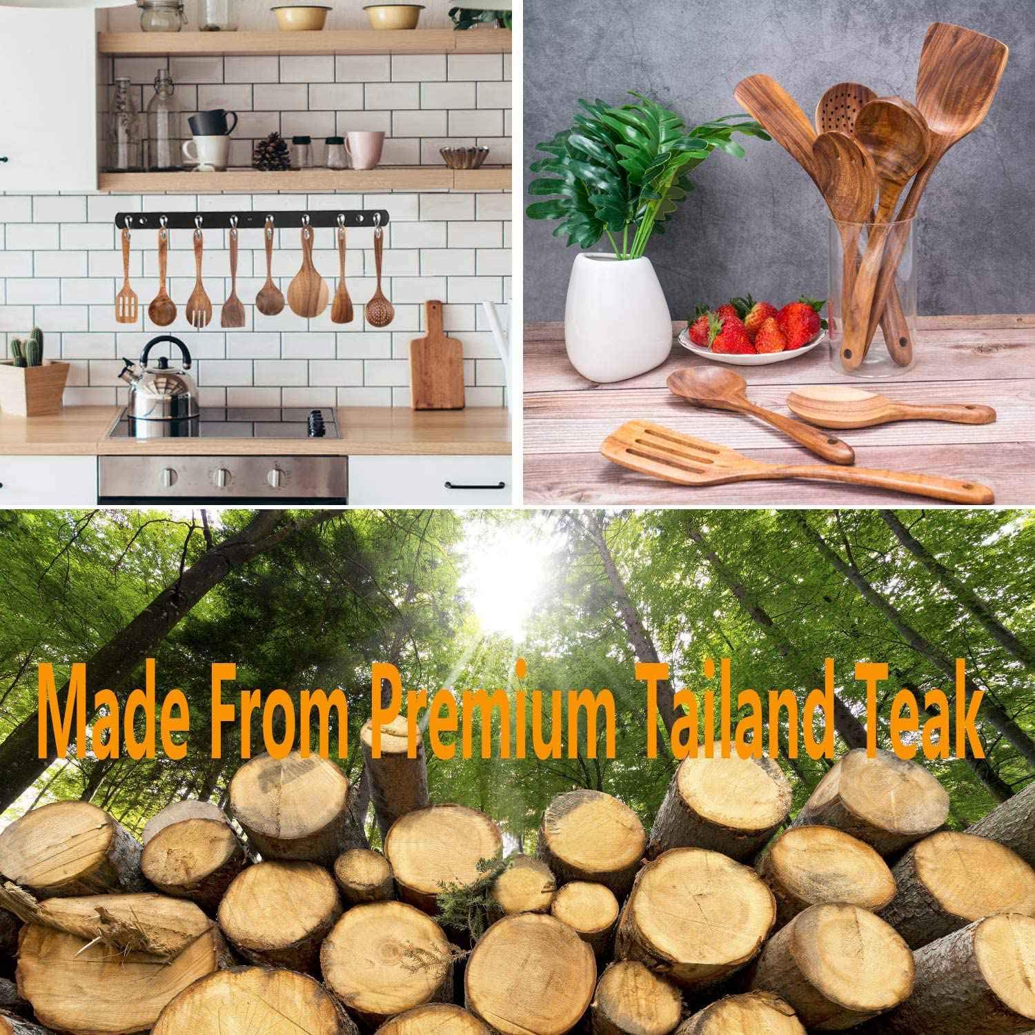 Dciustfhe Juego de 8 utensilios de cocina de madera de teca, juego de utensilios de cocina