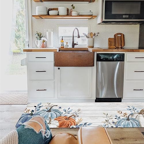 Miniatura 5 de Juego de 2 tapetes de cocina con diseño de calabaza otoñal, color azul, blanco y naranja, calabazas degradadas, grano de madera rústica,