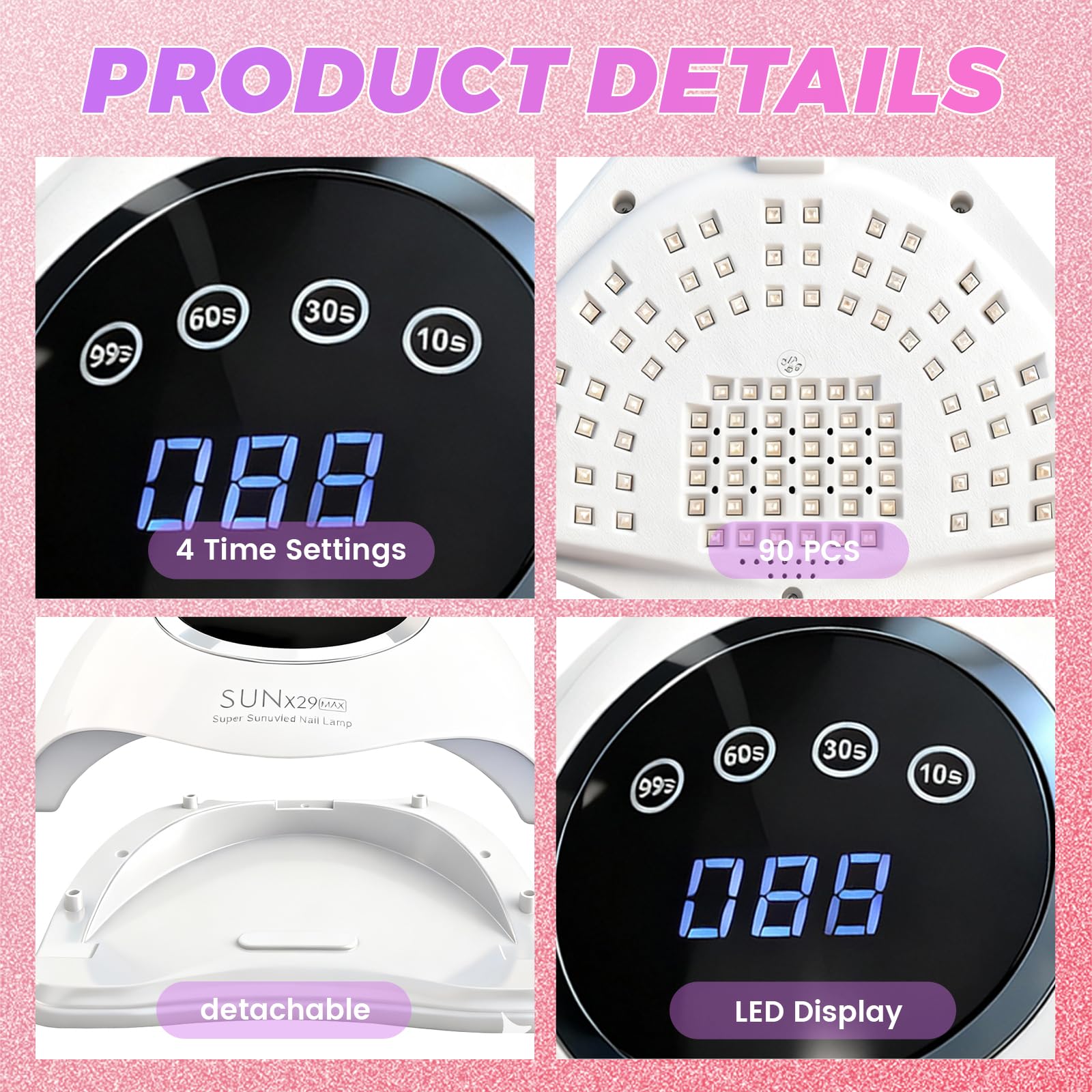 Lampe à ongles UV LED 500 W - 90 perles - Durcissement rapide - 4 minuteries - Capteur automatique - Affichage LCD - Base amovible - Séchoir à ongles pour manucure et pédicure (X29)