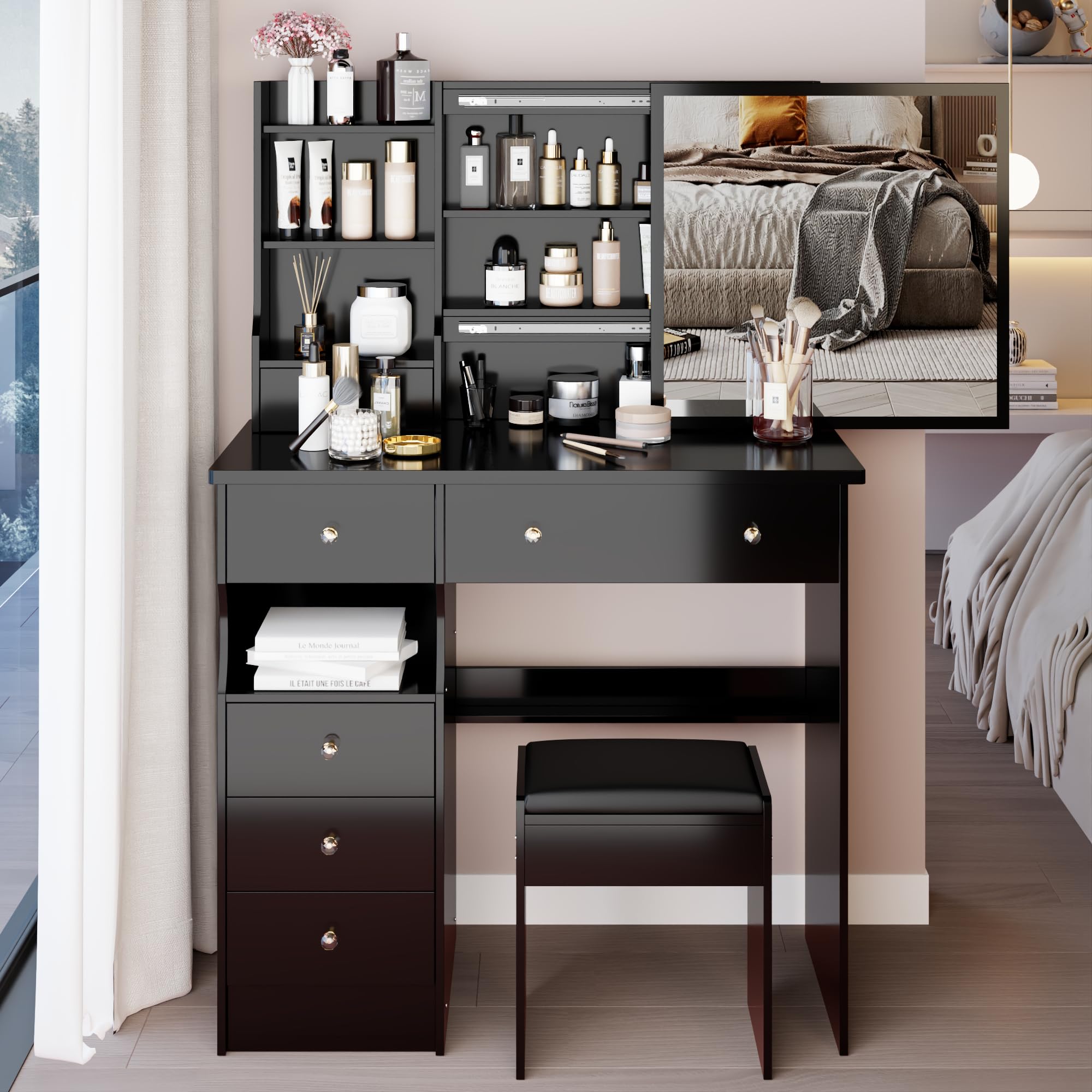 Montary 36.3" Middle Size Vanity Desk with Drawers & Extra Large Sliding Mirror, Cushioned Stool Included, Multi-Layer Storage, Hidden Compartments,