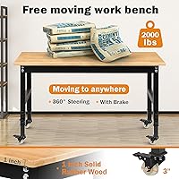 Vista 4 de Betterhood Banco de trabajo ajustable resistente de 48 pulgadas para garaje, mesa de taller de madera de caucho con ruedas de metal, estación
