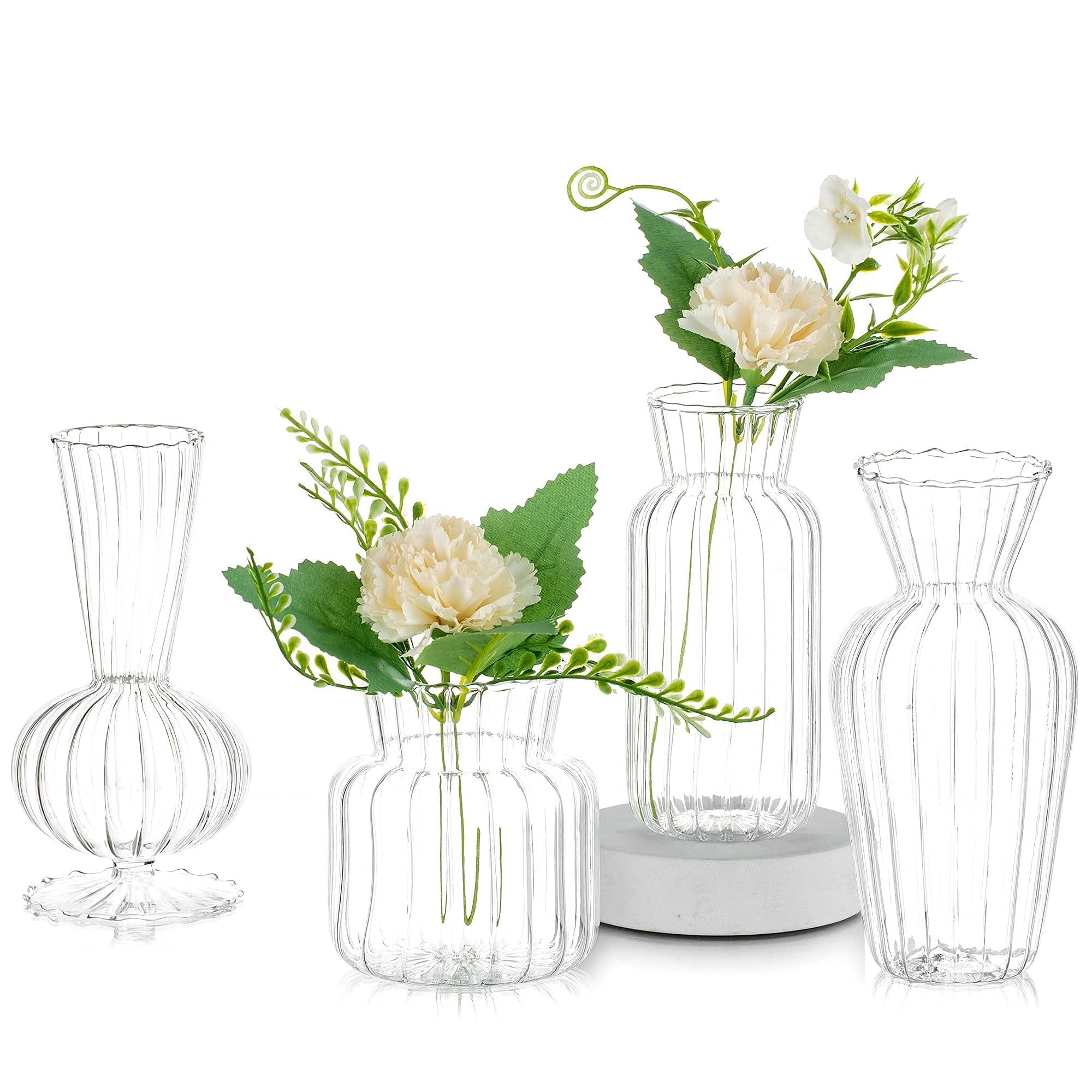 Glasseam Modern Clear Glass Bud Vase Set: 4Pcs Small Mini Flower Centerpieces Vases Handmade DecorativeCute Short Window Corner Home Decor for Wedding Reception Dining Table Single Rose Flowers