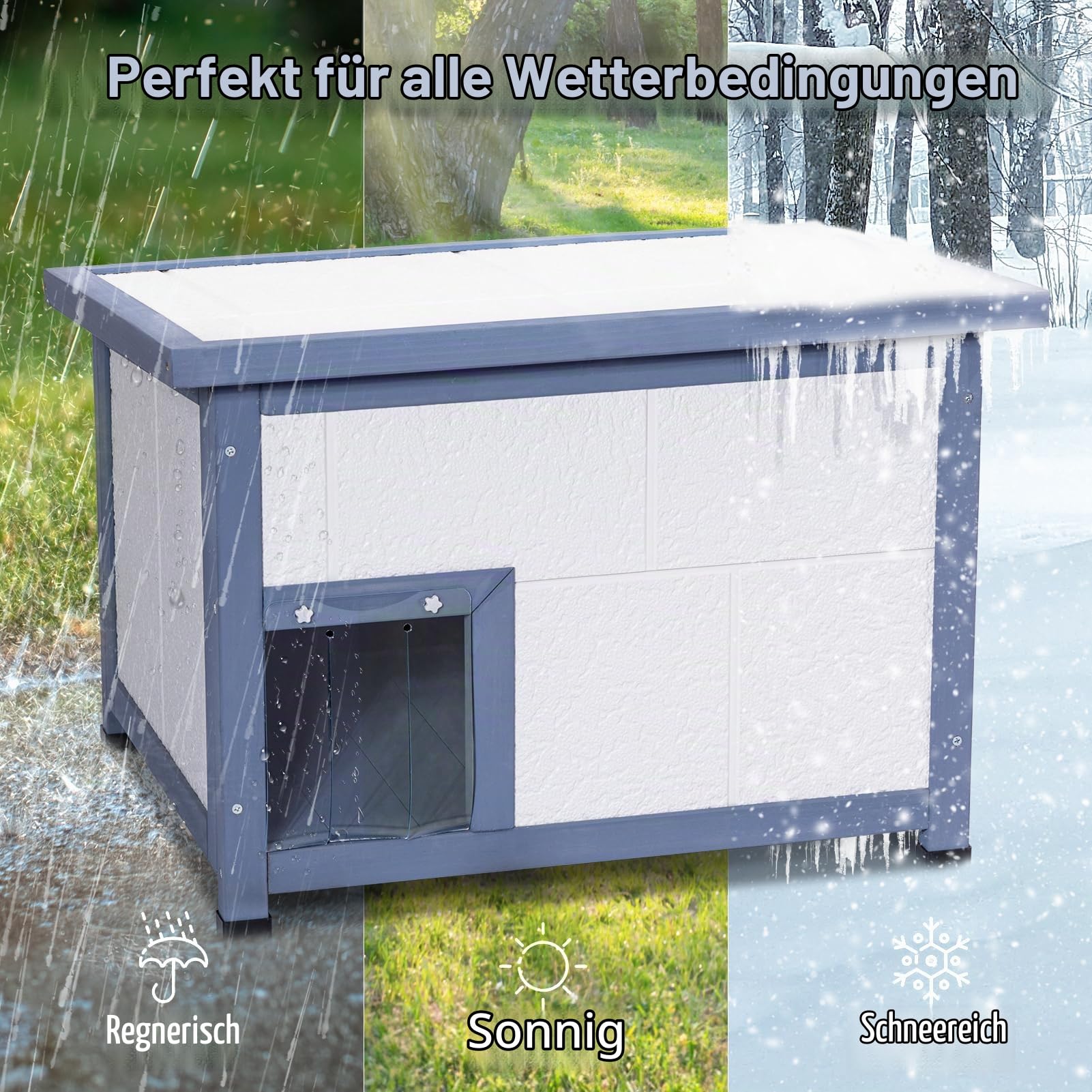 Petsfit Katzenhaus Outdoor Winterfest Isoliert mit Wärmedämmschicht & 5cm hoch Füßen, Katzen Haus für Draussen Winter, einfache Montage/Reinigung durch offenbares Dach