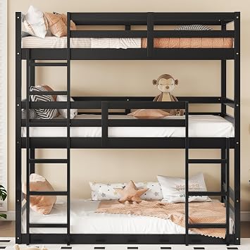 Triple Bunk Beds for Kids, Triple Bunk Bed with Two Built-in Ladders & Guardrails, Detachable Kids Bed for Boys & Girls, Black