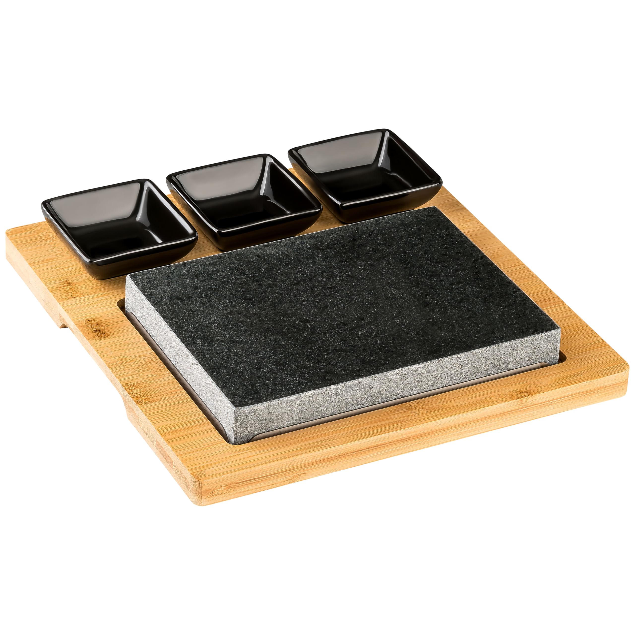 Hot Stone - Steak Stein - Heiße Steinplatte aus Granitstein mit Bambus Holzbrett & 3 Beilageschälchen Dipschalen Saucen-Schälchen (Schwarz)