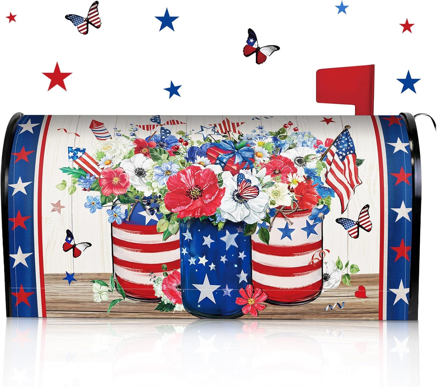 Blosssound 4th of July Mailbox Cover Magnetic Standard Size 18 x 21 Inch Patriotic 250th Magnetic Mailbox Wraps Independence Day American Flag Post Cover for Garden Yard(Flower)