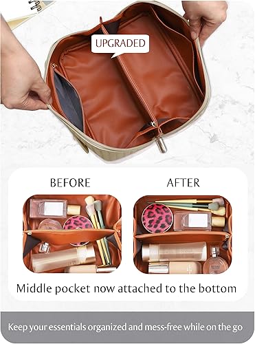 Miniatura 4 de Bolsa de cosméticos de gran capacidad para viajes - Bolsa portátil de maquillaje para mujeres, organizador de piel sintética impermeable con