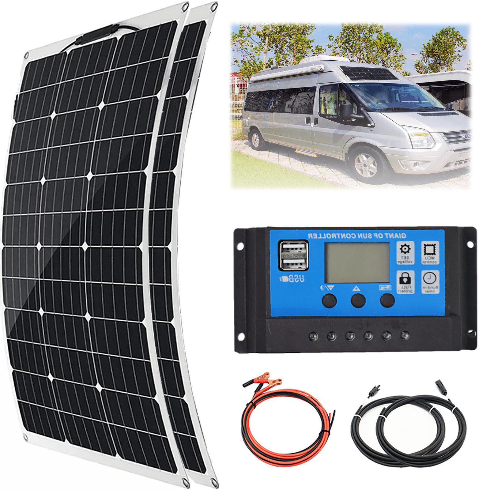 Zestaw paneli słonecznych 150 W, 300 W, 450 W, 600 W, ładowarka 12 V z kontrolerem ładowania 40 A, łatwa instalacja do łodzi, samochodu, domu, ogrodu, szopy