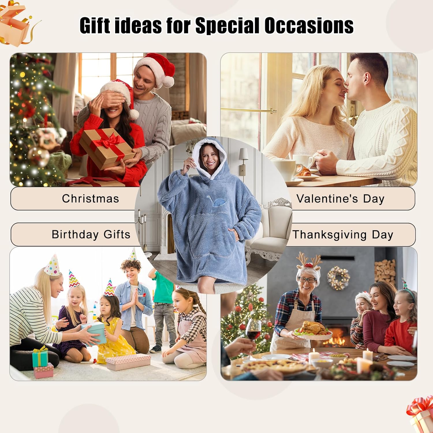 Wearable Blanket Hoodie for Women - Oversized Hooded Blanket for Adults Fluffy Plush Blanket Sweatshirt Warm Cozy Christmas Birthday Gifts for Mom Blue - Image 5