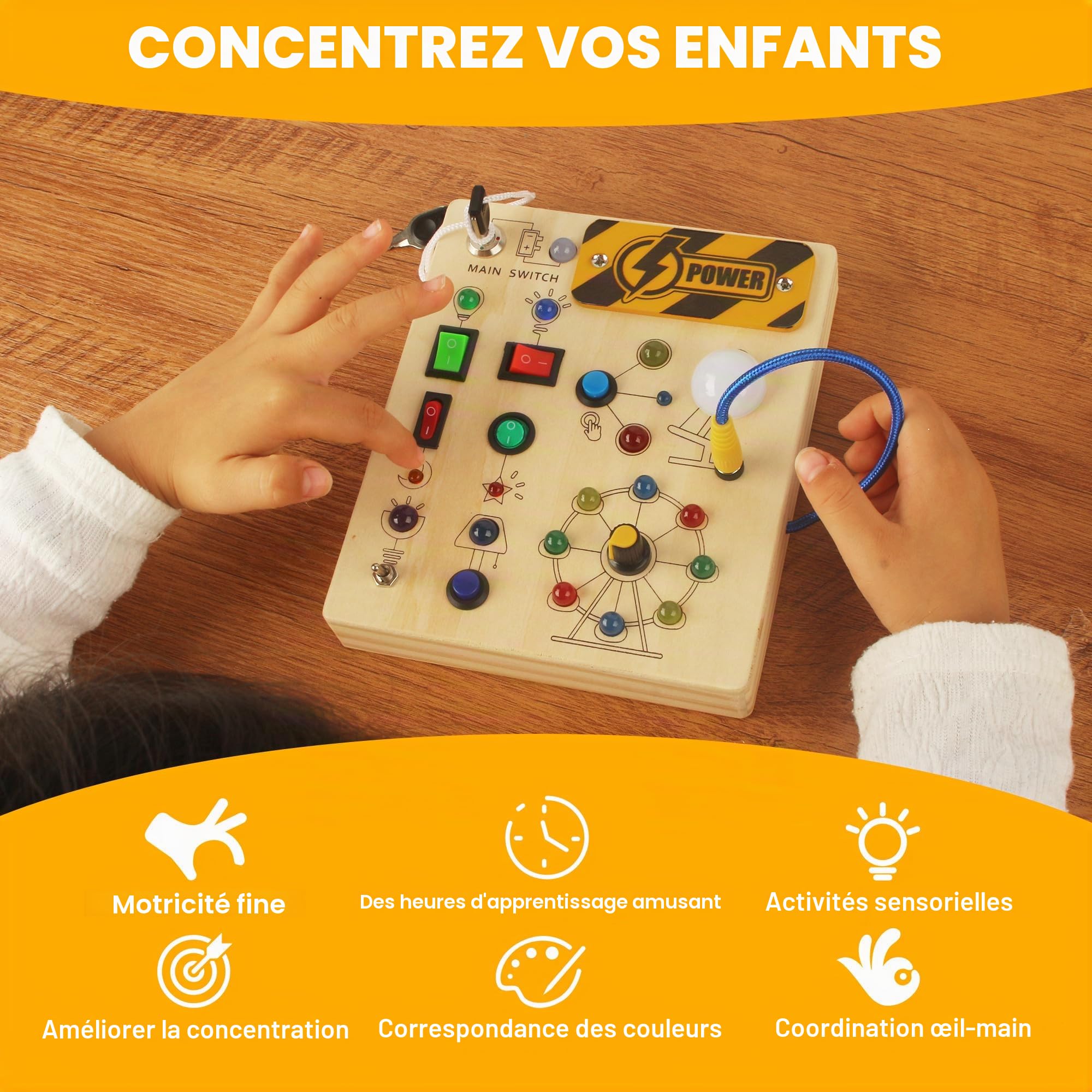 Busy Board Montessori 1 2 3 Ans, Tableau d’Activités en Bois avec 10 Interrupteurs et 19 LED, Jouet Sensoriel Motricité Bébé, Planche Montessori, Cadeau Enfant Garçon Fille