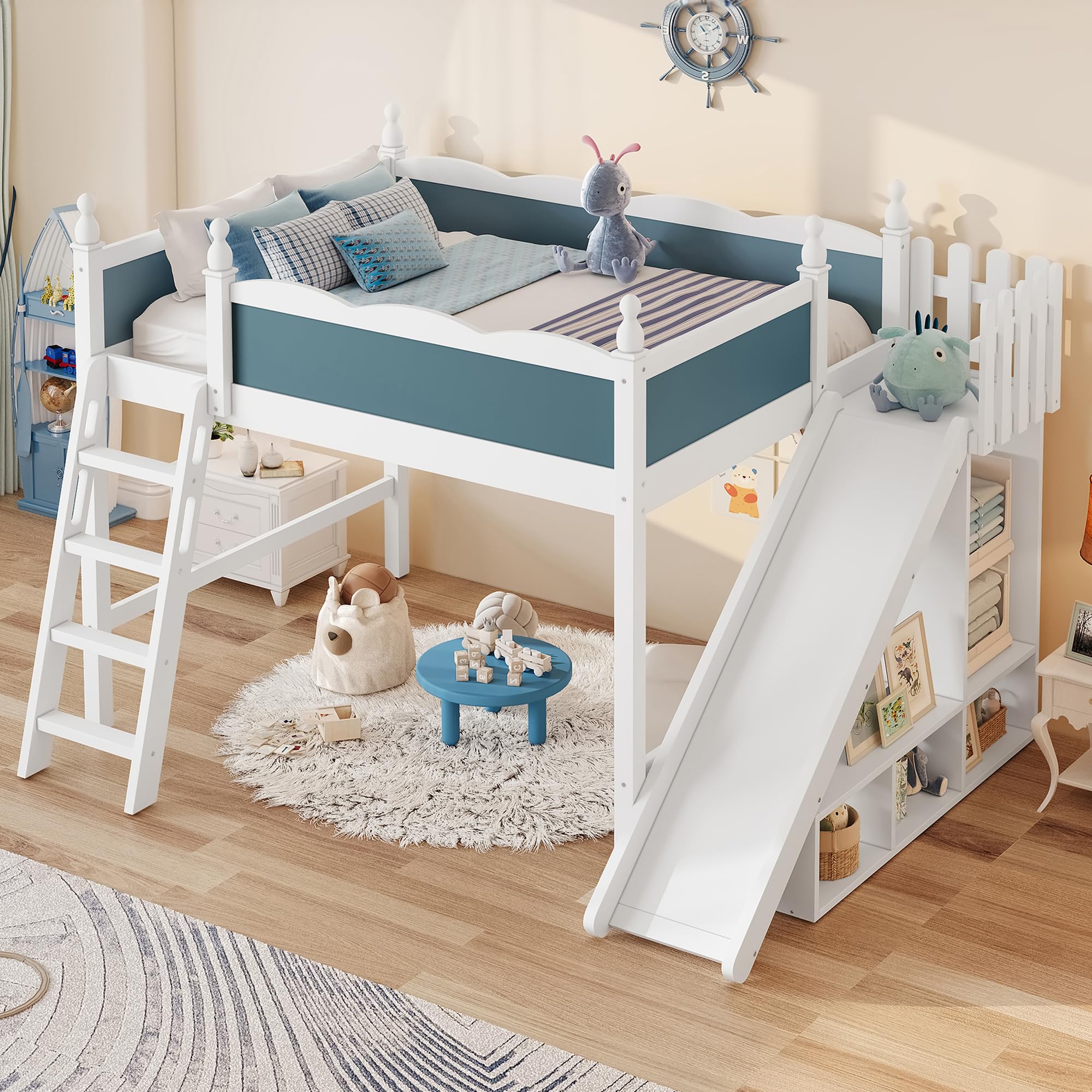 Full Size Loft Bed with Storage Shelves, Cabinet &amp; Detachable Slide and Ladders, Solid Wood Kids Loft Bed for Space-Saving, Playful &amp; Organized Bedroom (Blue+Light White2, Full)