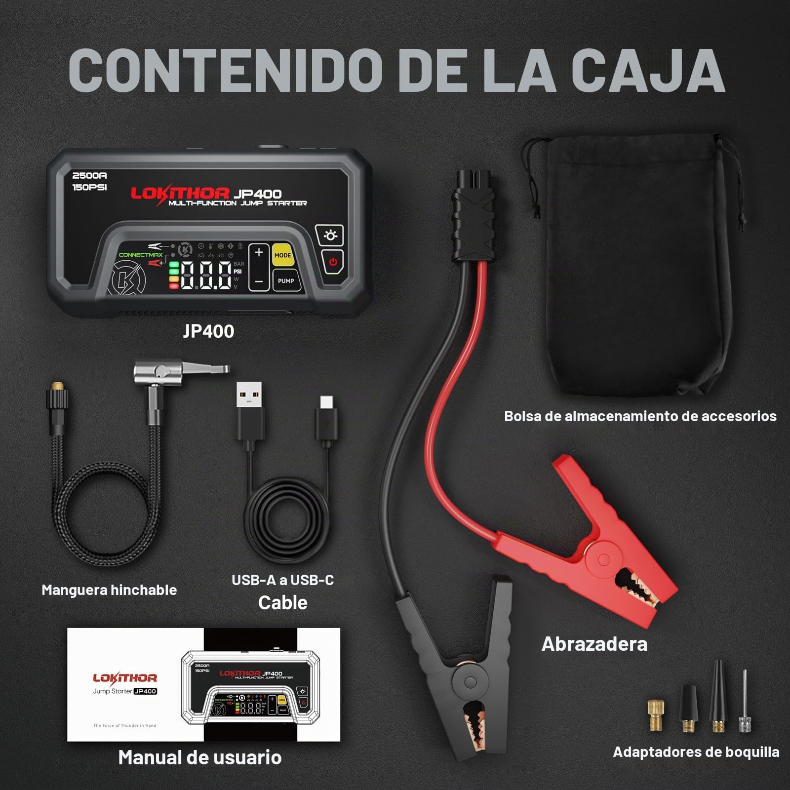 LOKITHOR JP400 Arrancador de Coches Portátil 2500A con Compresor | Cargador Inteligente 6V/12V con Mantenimiento y Desulfatación, Para Gasolina 8,5L y Diésel 6,5L