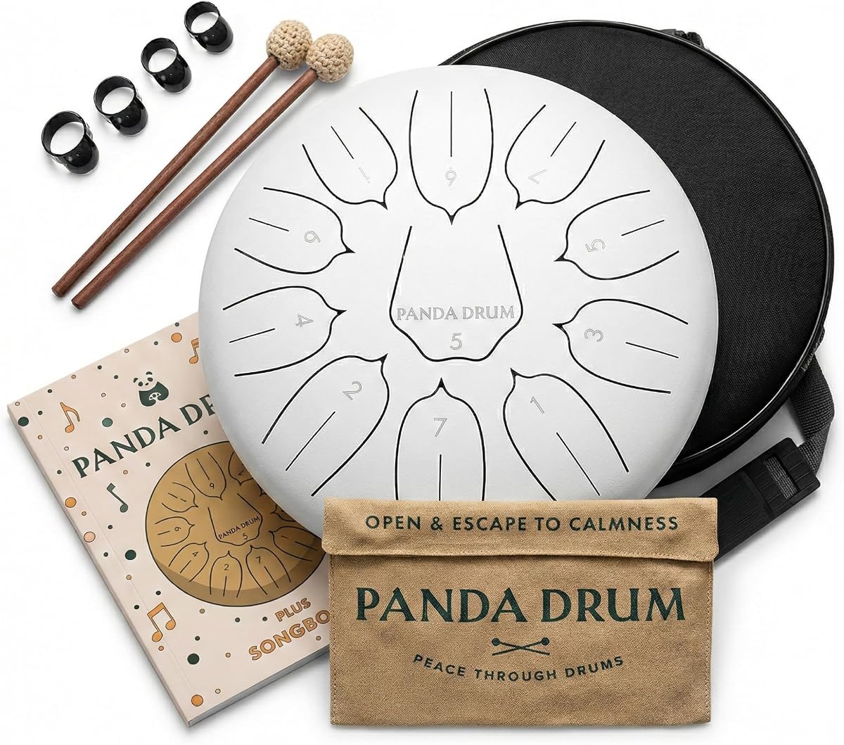 Más (Blanco) | Tambor de lengüeta de acero para interior y exterior | 11 pulgadas | con libro de música, mazos, bolsa de transporte y púas para los dedos | Tambor de lluvia de 432 Hz | Instrumento musical calmante para adultos y niños.