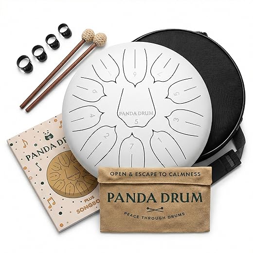 Plus (White) | Steel Tongue Handpan with Music Book, Mallets, Carrying Bag & Finger Picks | 11 inch, 432 Hz | Rain Drum for Inside & Outside | Calming Musical Instrument for Adults & Kids