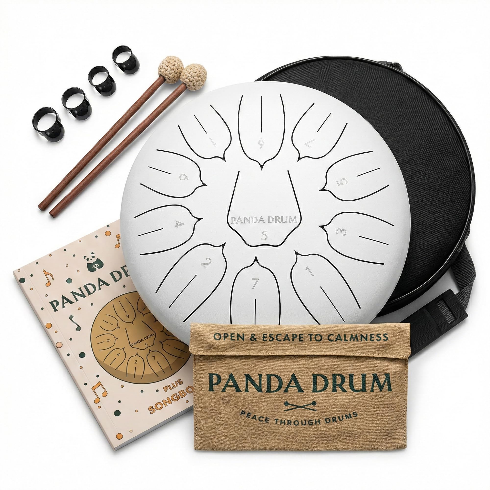 Plus White Steel Tongue Handpan with Music Book Mallets Carrying Bag Finger Picks 11 inch 432 Hz Rain