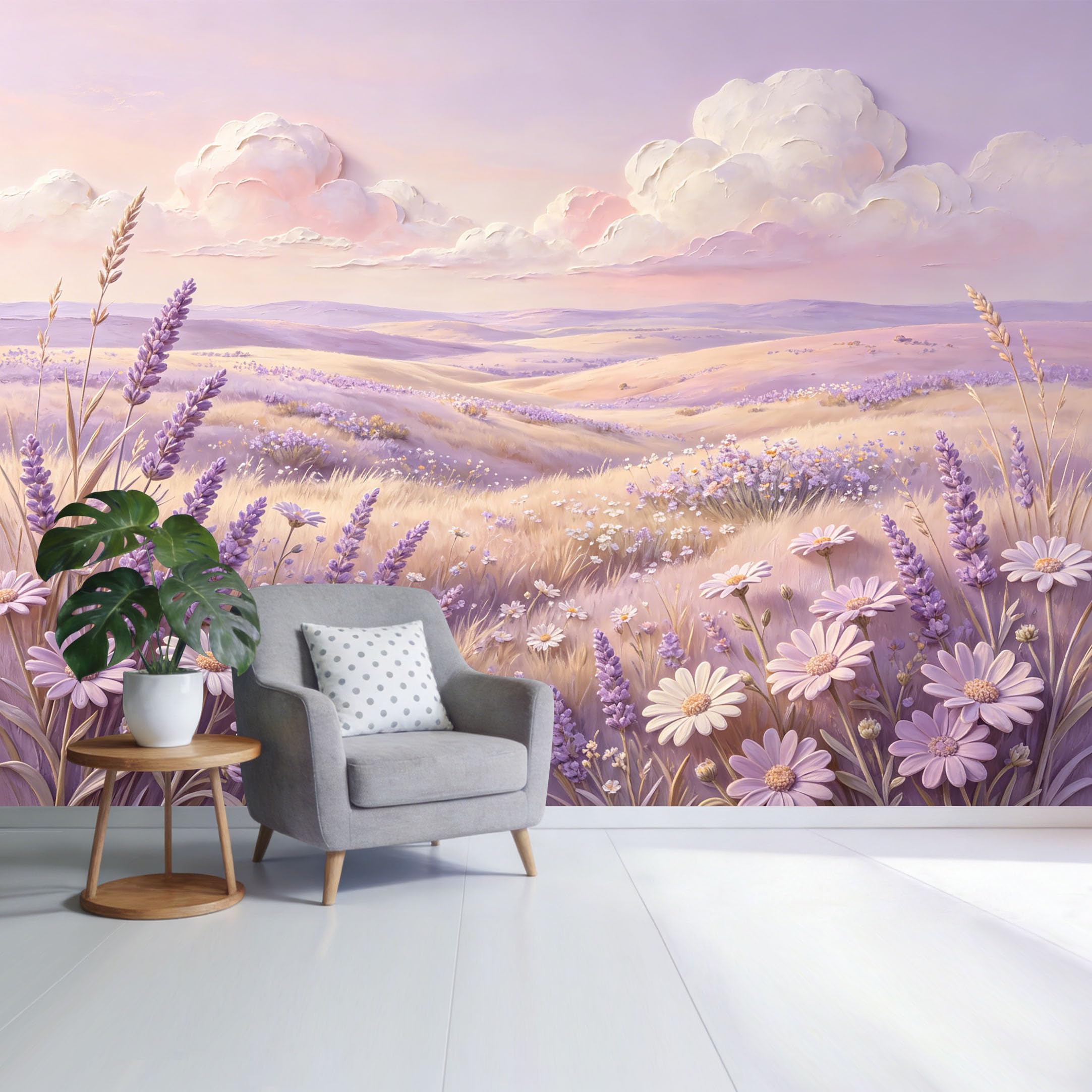 Custom Size Wall Mural Lavender Field Landscape with Daisies Pastel Sunset Sky Botanical Oil Painting Style SelfAdhesive Wall Fabric Removable Wallpaper for Home Office Decor