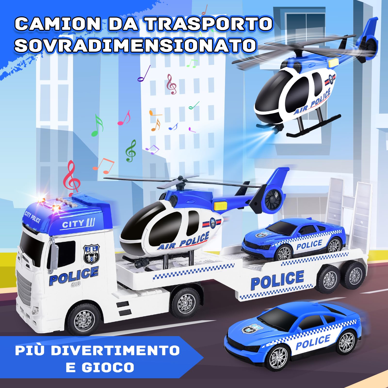 Herefun 3 in 1 Camion Polizia Giocattolo per Bambini, Grande Trasportatore Con Elicottero e Macchina da Corsa, Regalo per Ragazzi 3-6+ Anni