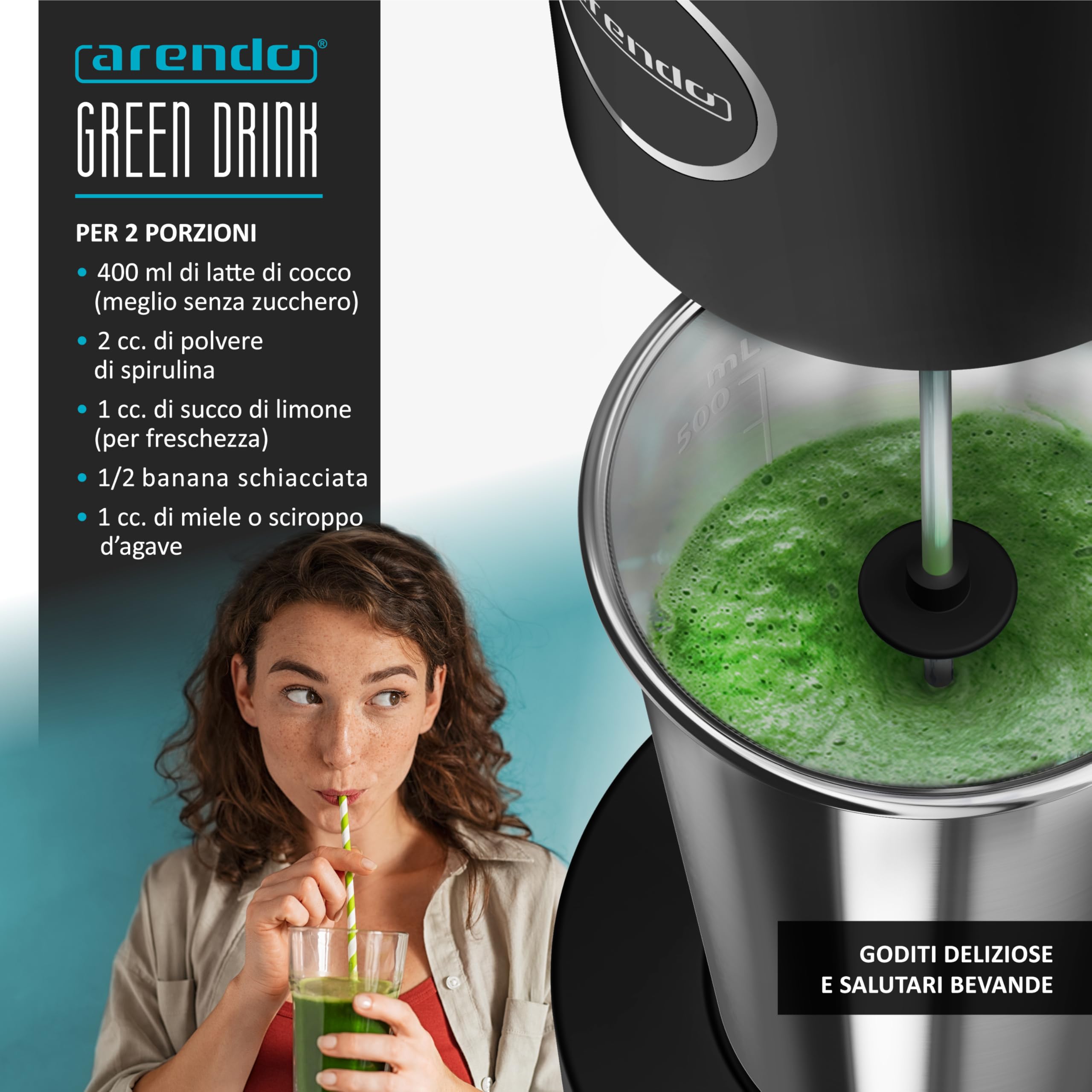 Arendo - Frullatore per bevande - Drink Mixer - Brocca da 500 ml - 100 W - 22.000 giri min - 2 regolazioni di velocità - Smoothies Milkshake Cocktail