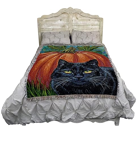 Miniatura 2 de Pure Country Weavers Manta de gato negro y calabaza, regalo de otoño, Halloween, manta tejida de algodón, fabricada en los Estados Unidos (72 x 54