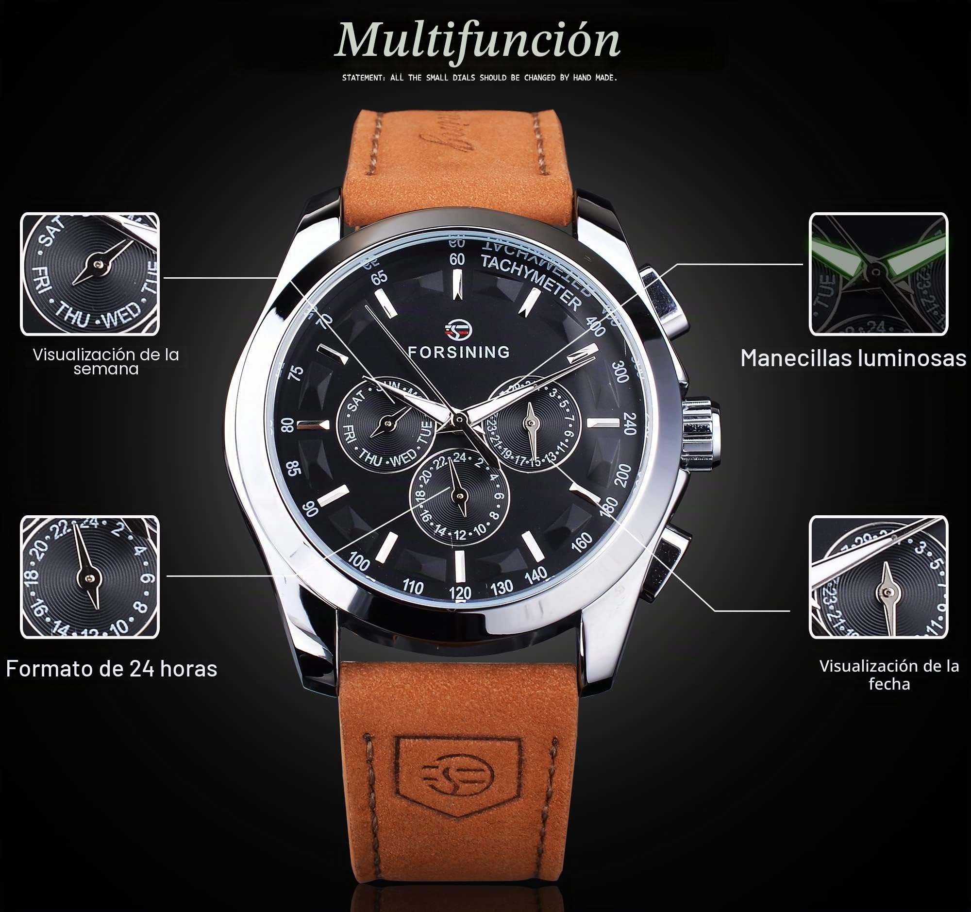 FORSINING Reloj de pulsera mecánico para hombre, automático, correa de cuero auténtico, impermeable, luminoso, casual, negocios