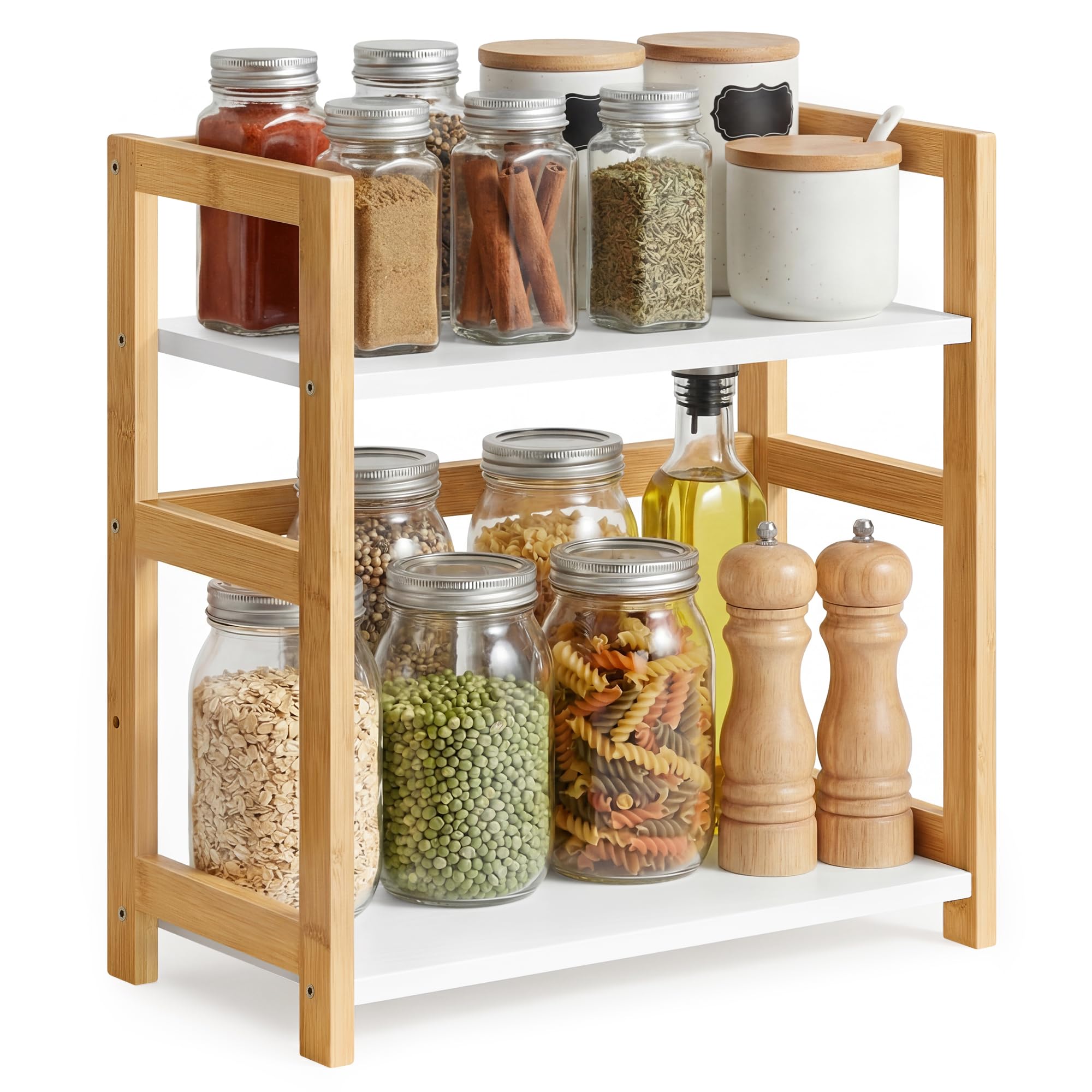 SONGMICS Spice Rack, 2-Tier Countertop Storage Shelf, Desktop Organiser with Bamboo Frame, for Kitchen, Dining Room, Office, Natural Beige and Snow White OFS046W101