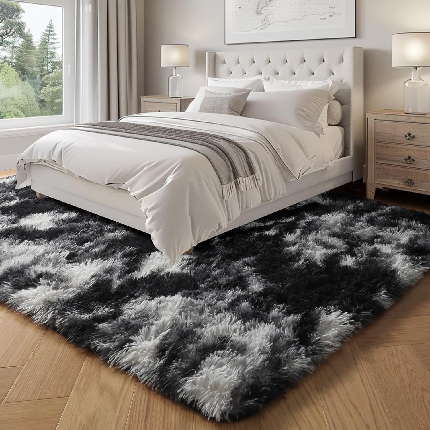 PAGISOFE Black White Grey Area Rugs for Living Room Bedroom Aesthetic, 8x10 Rug, Shag Fuzzy Fluffy Rug for Kids Room, Playroom, Classroom Dorm, Shaggy Soft Carpet, Plush Bedside Rugs, Modern Cool Rugs - Image 4